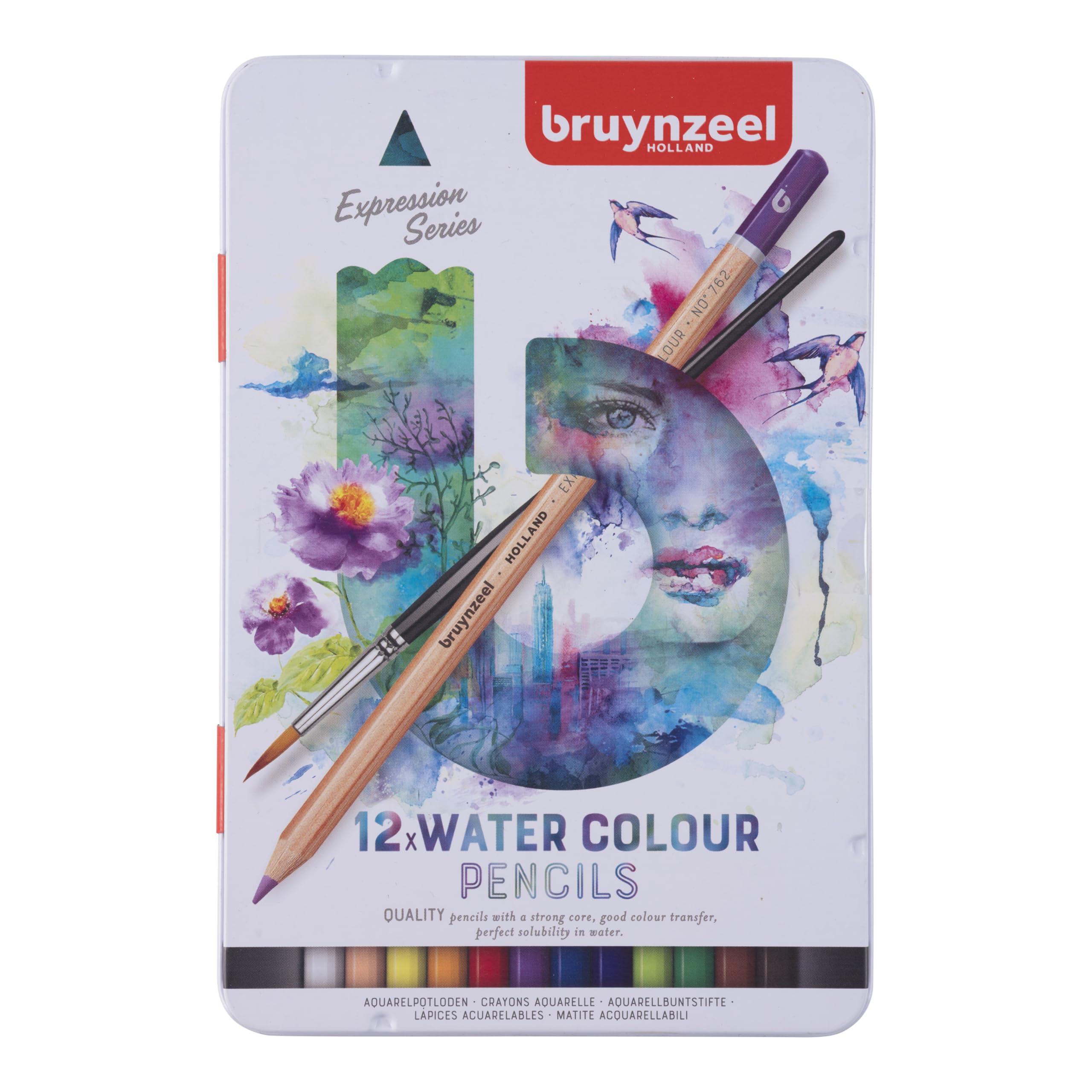 Bruynzeel Expression Watercolor Pencils Set of 12 + Brush in Tin | Water-Soluble Pencils | Coloring for Adults, Bullet Journaling