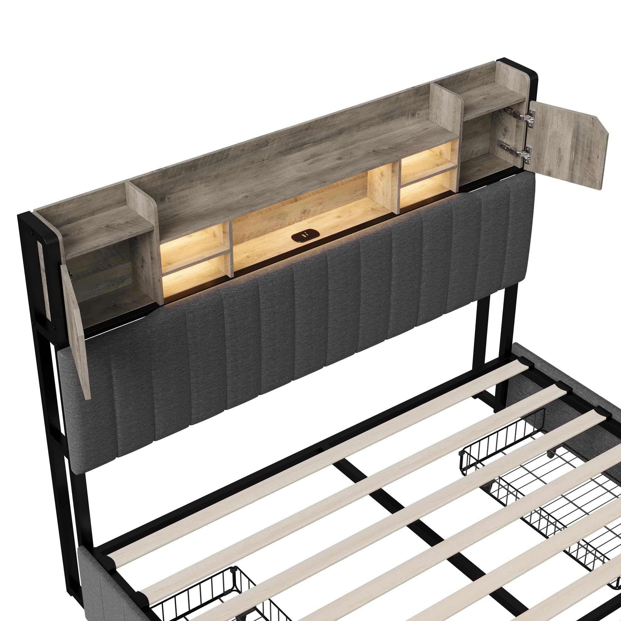 LIVLUX Letto 160 x 200 con Sommier LED e USB, Letto Matrimoniale Imbottito con Sommier a Doghe e 4 Cassetti, Testiera con Spazio di Archiviazione, 2 Posti per Adulti e Adolescenti, Lino (Grigio, 160 x