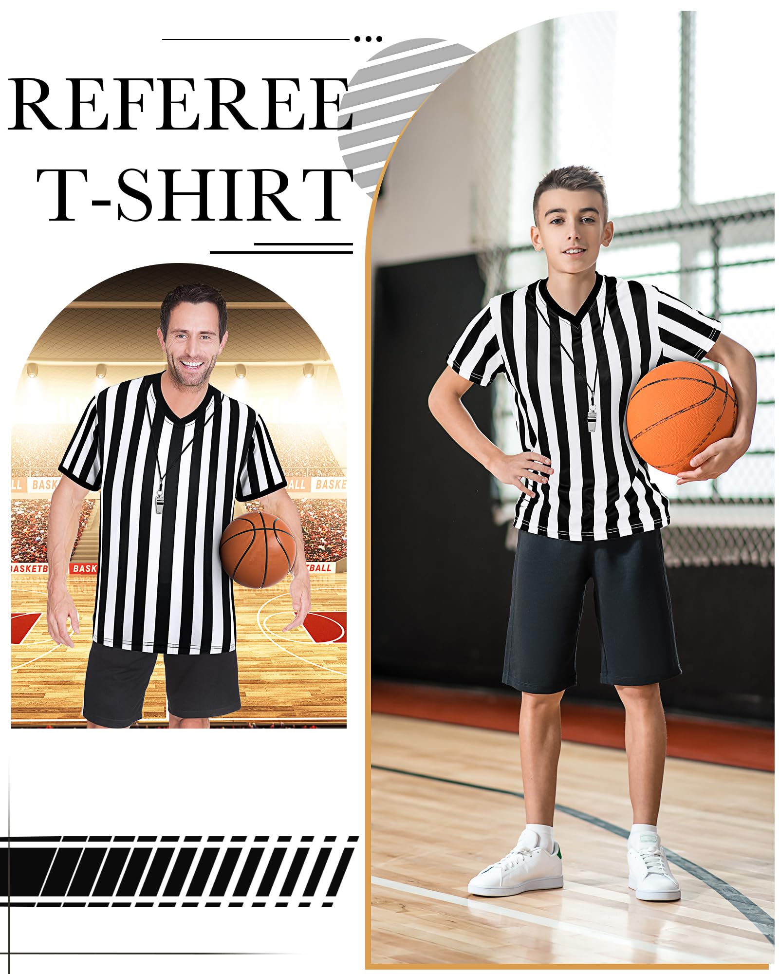 4 Paquets Chemise d'Arbitre à Rayures Blanches et Noires avec Sifflet Chemise Officielle de Costume d'Arbitre à Col en V Maillot d'Arbitre pour Hommes Football Basket-Ball (L)