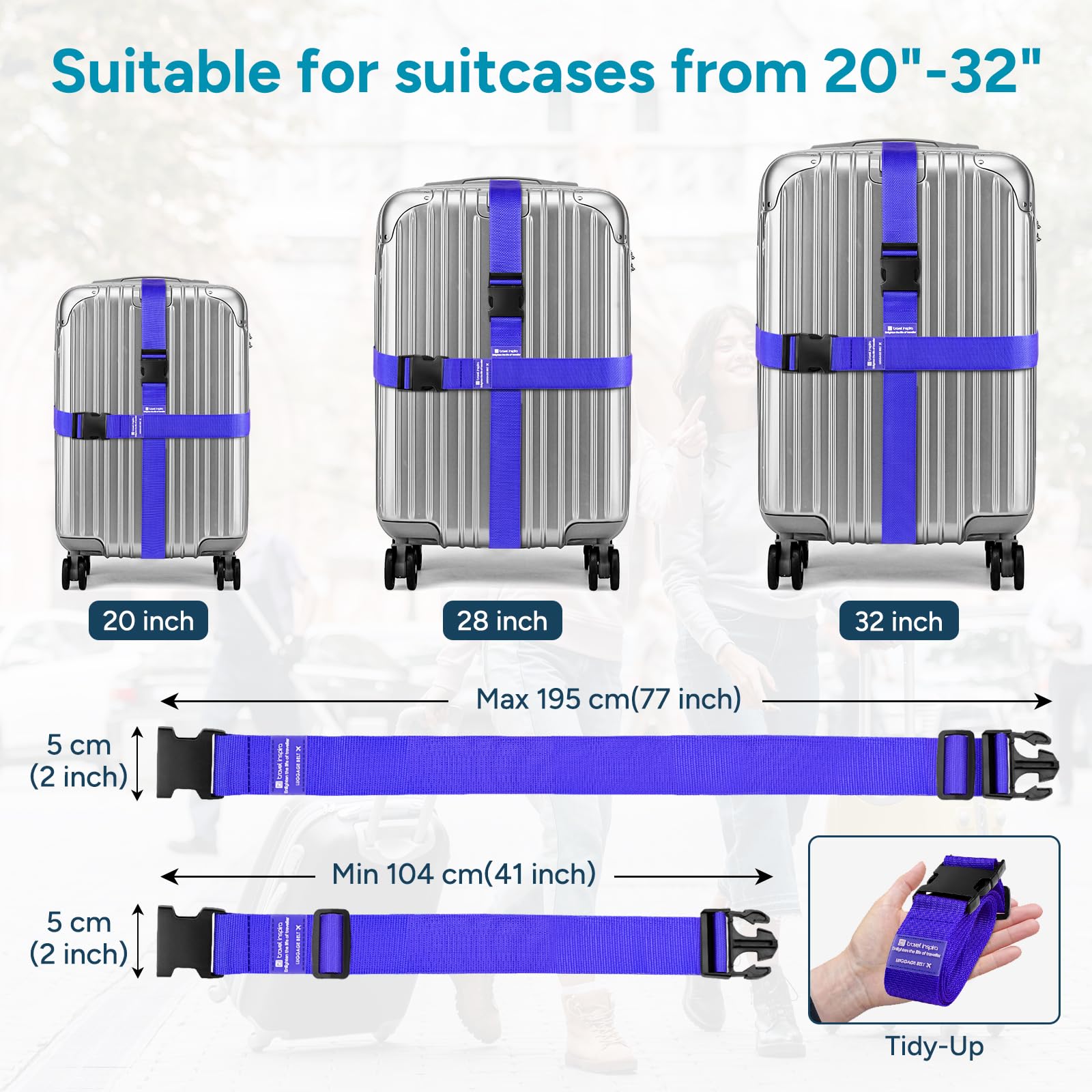 travel inspira paski do walizek, 2 sztuki, 104–195 cm, regulowane paski na walizki, efektowne paski na walizki do identyfikacji – paski na walizki do walizek podróżnych 20"–32" (niebieskie)
