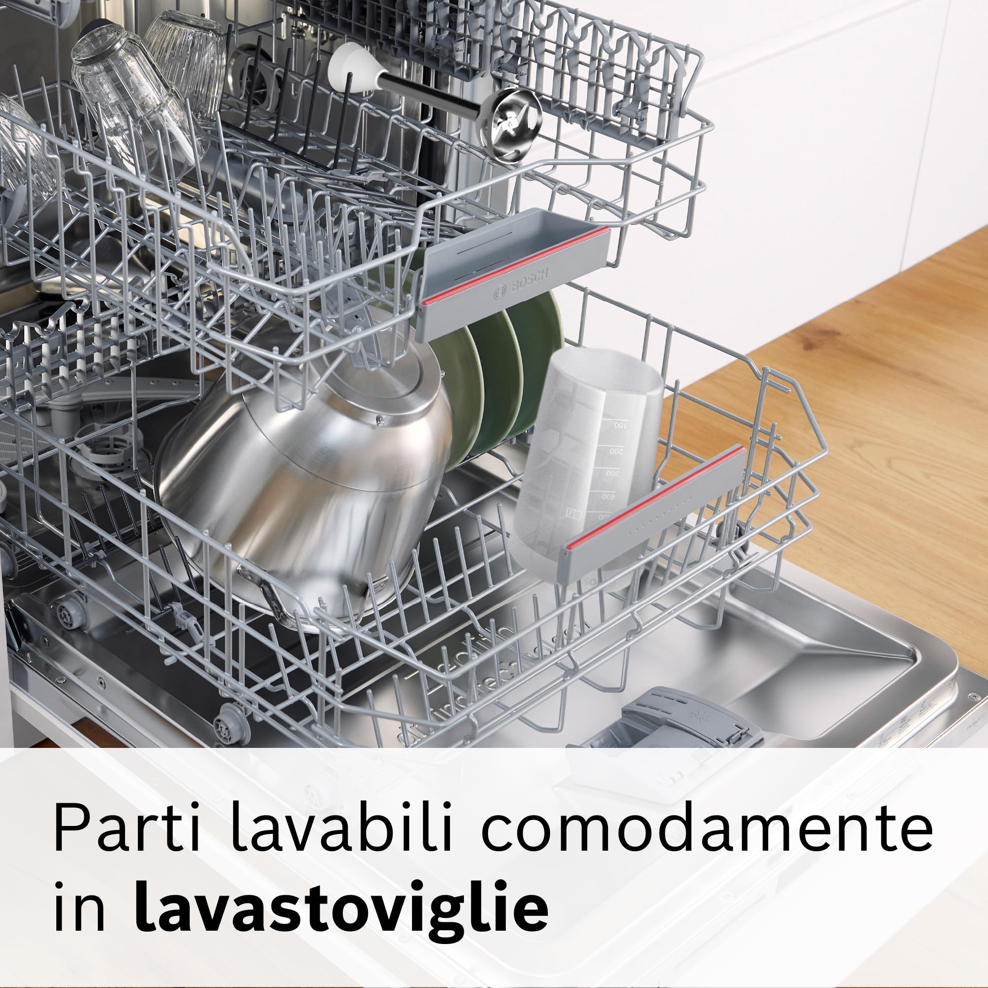 Bosch Frullatore a Immersione MSM24100, 400 Watt, Impugnatura Ergonomica, Piede in Acciaio Inox, Pratico Bicchiere Graduato Incluso, Bianco, Rosso