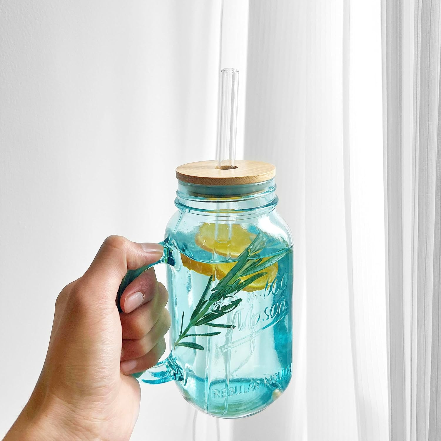 ANOTION Mason Jar with Handle - Colorful Drinking Glasses Colored Glass Cups with Lids and Straws Colored Glasses Drinking Set of 2 Mason Jars Iced Coffee Cups Tumblers Smoothie Water Bottles - Image 6