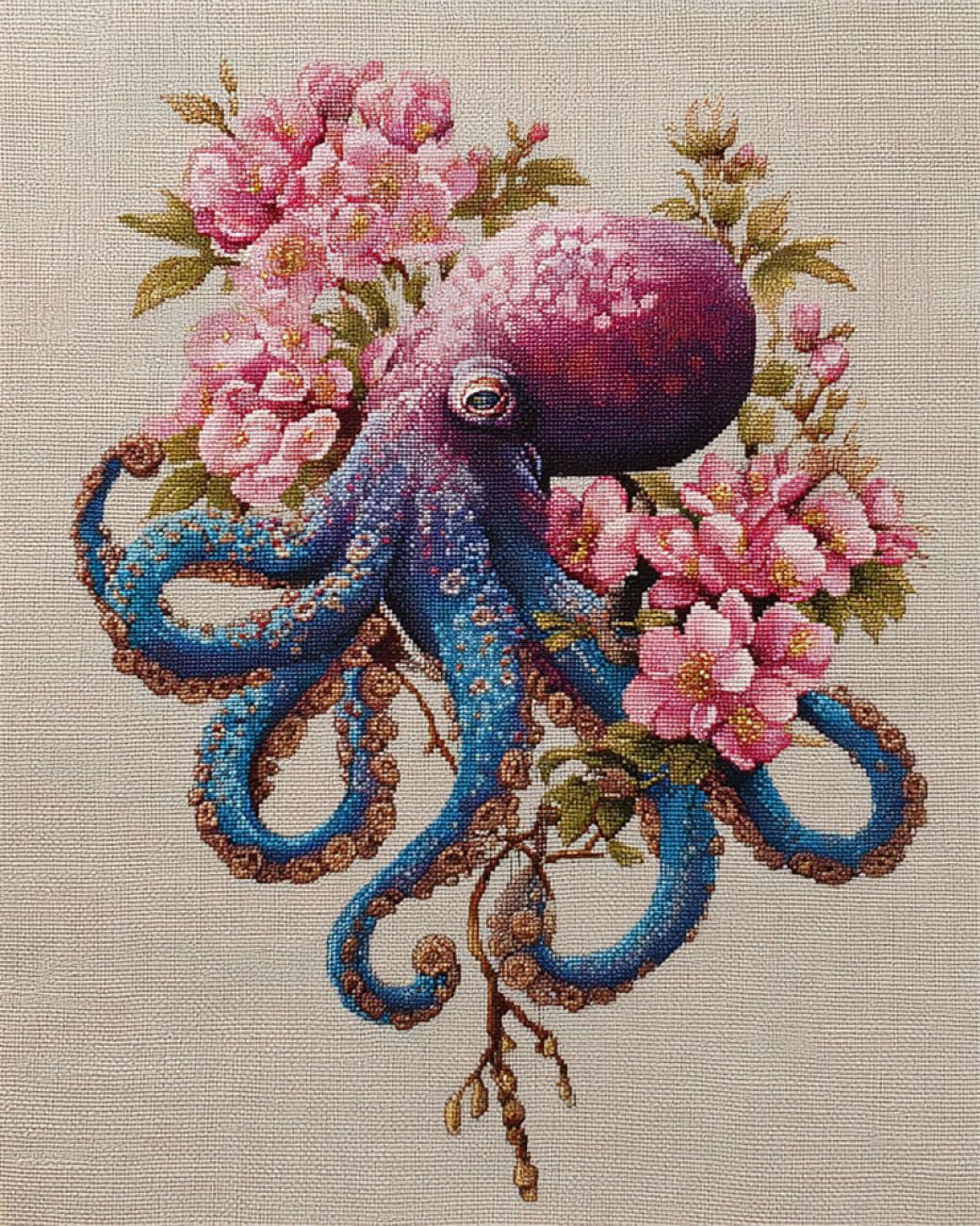 RKFLGEW DIY Seed Bead Embroidery Kits Octopus and Flowers 40x50cm