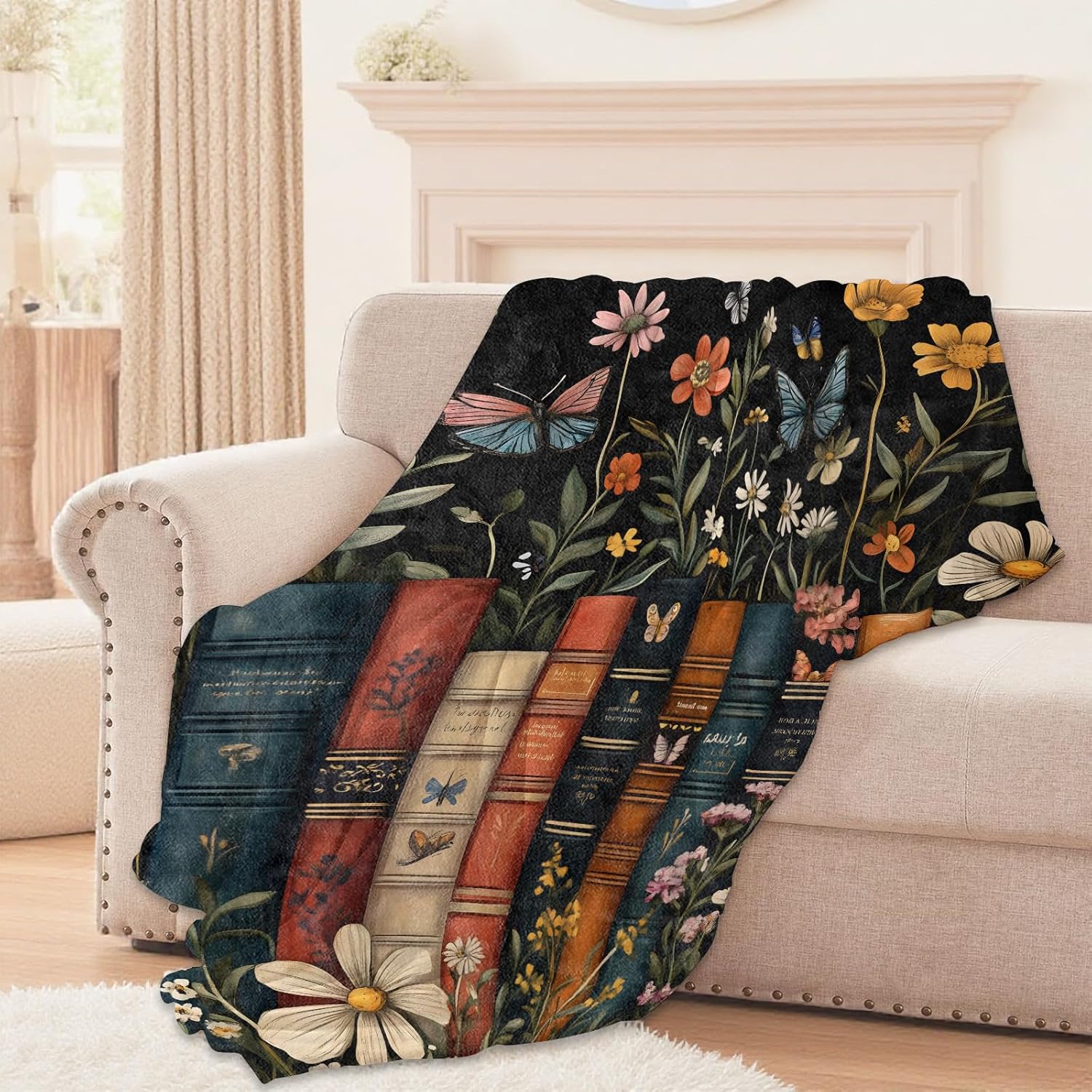 Vintage Book Blanket, Books with Floral and Butterfly Lightweight Comfy Blankets for Couch Sofa Bedroom, Soft Plush Travel Flannel Throw Blanket Gifts for Women Adults Kids, Home Decor 60×50in - Image 2