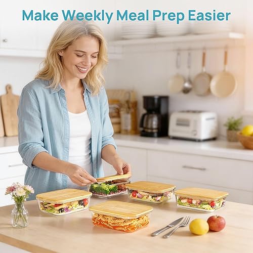 Miniatura 4 de Vtopmart Paquete de 5 recipientes de vidrio de 35 onzas con tapas de bambú, recipientes de almacenamiento de alimentos para preparación de comidas