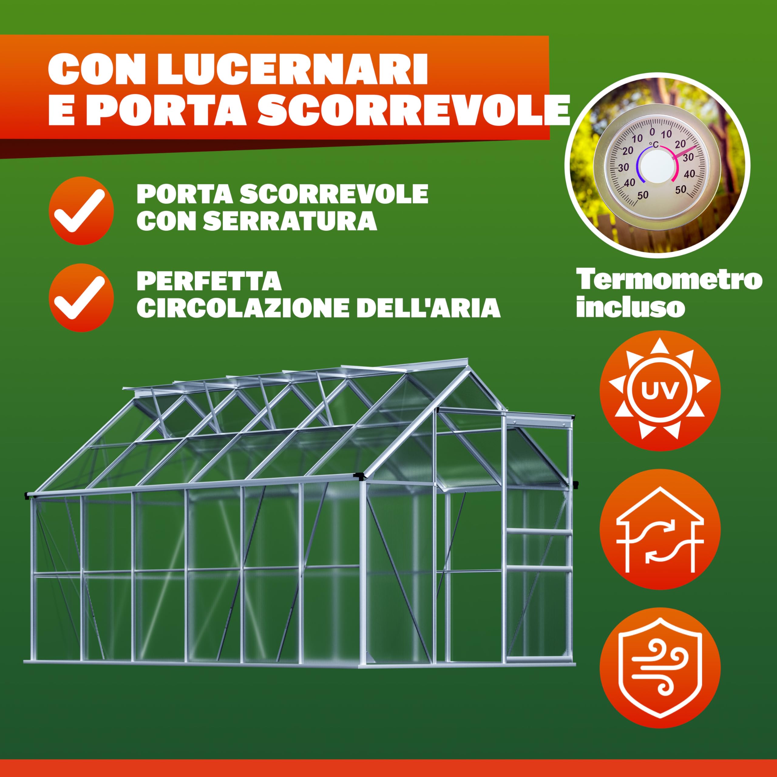 GARDEBRUK® Serra da Giardino in Alluminio 7,2m² 380x190cm incl. 4 Lucernari Coltivazione Orto per Piante Giardinaggio 11,73m³
