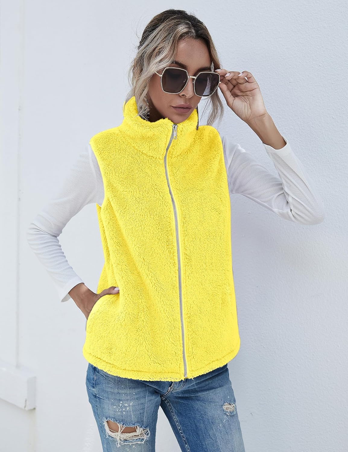 LOMON Womens Fuzzy Sherpa Fleece Jacket Lightweight Vest Cozy Sleeveless Cardigan Zipper Waistcoat Outerwear with Pocket - Image 3