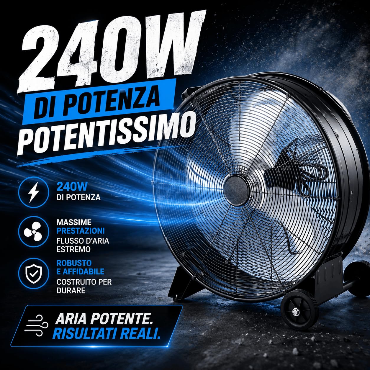 Ventilatore Industriale da Pavimento Ø 66 cm 240W, Ventola Professionale in Metallo con Ruote, Motore in Rame, 3 Velocità Regolabili, Alta Potenza, Ideale per Magazzino, Officina, Capannone
