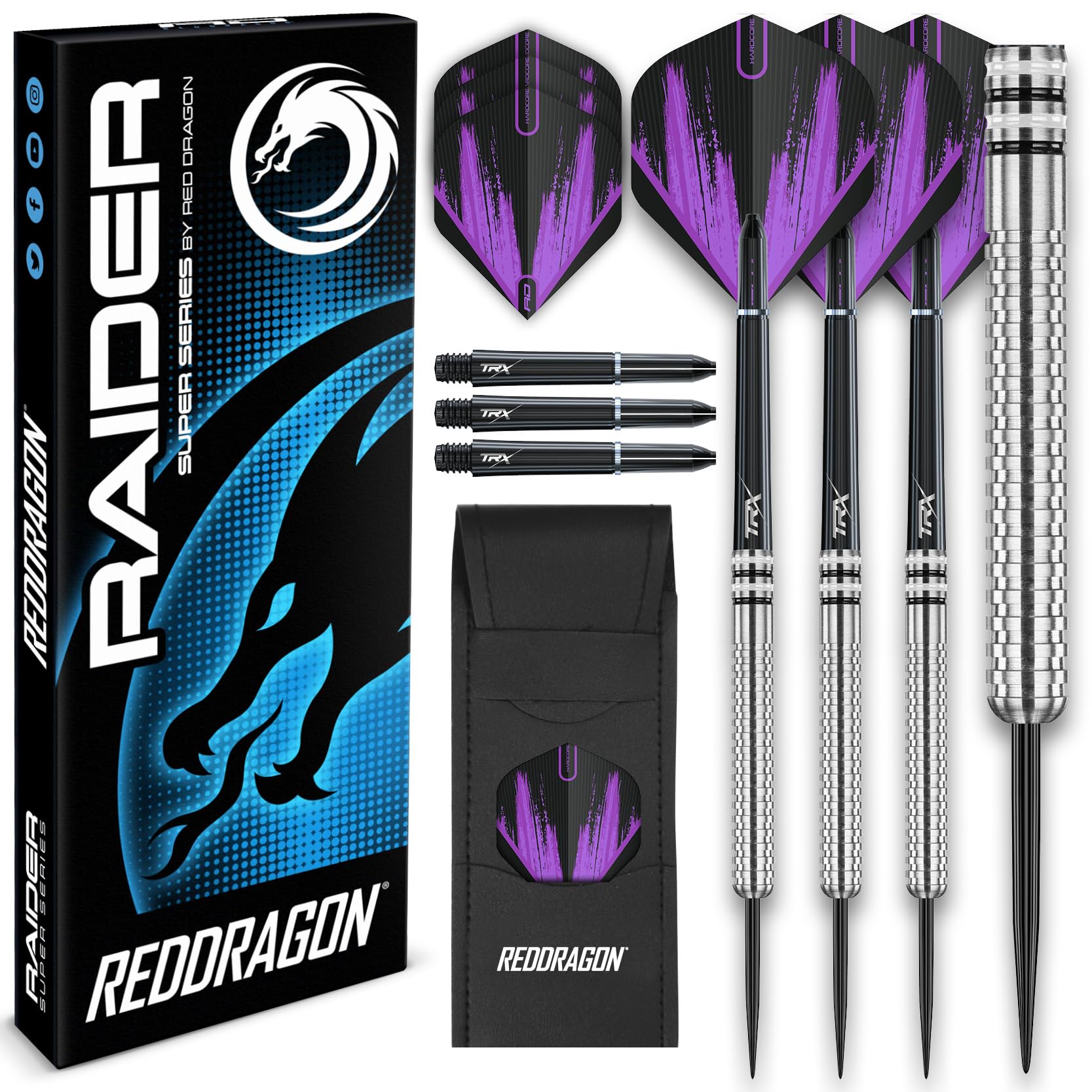 RED DRAGON Raider Series: 23g Steel Tip Tungsten Darts Set - Professional Darts with Shafts (Stems) and Flights - Choice of Colour Available