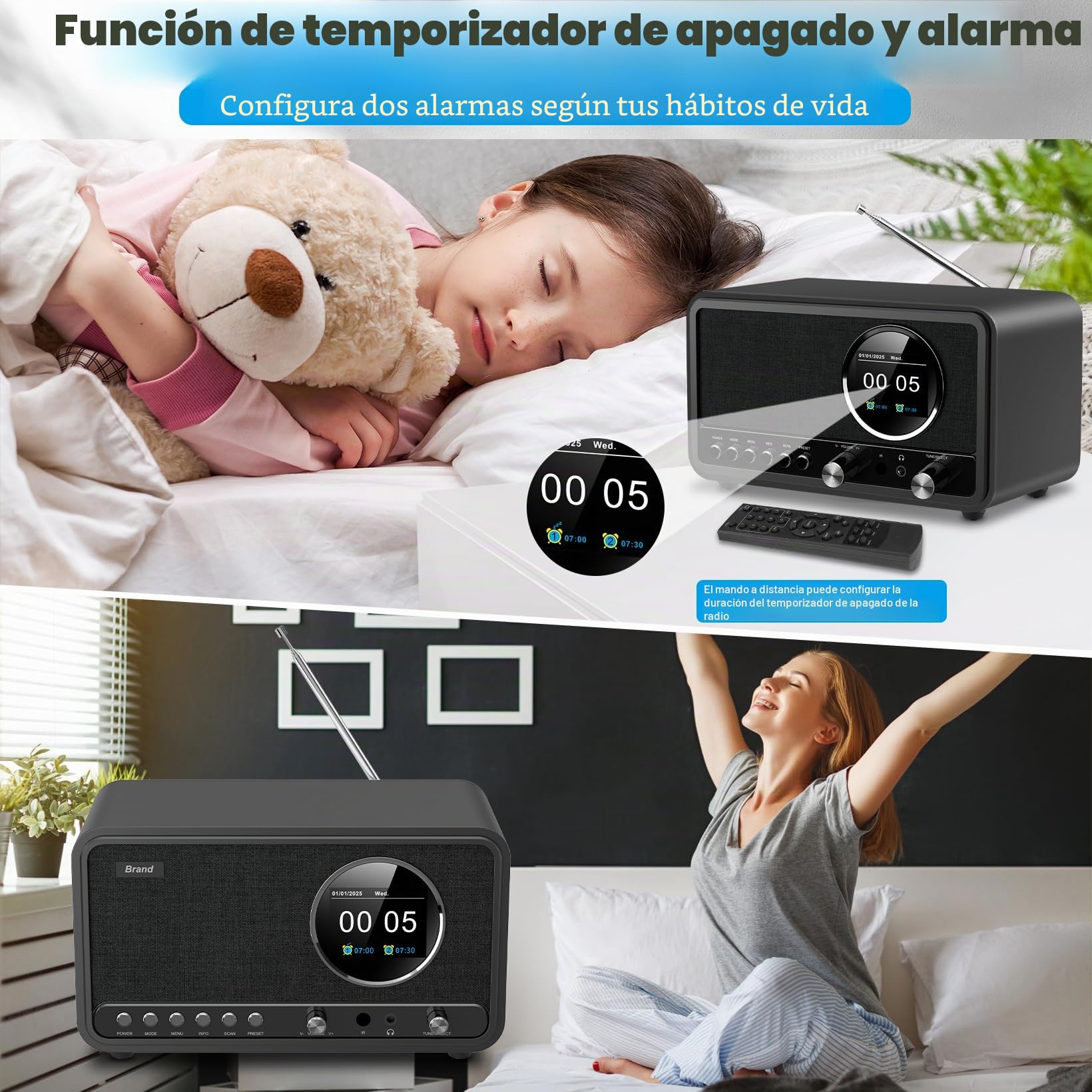 Wholede Radio DAB+/FM con Bluetooth, radio digital de cocina, radio DAB Plus con mando a distancia, radio de cocina, radio despertador con temporizador de alarma, USB/entrada auxiliar, color negro