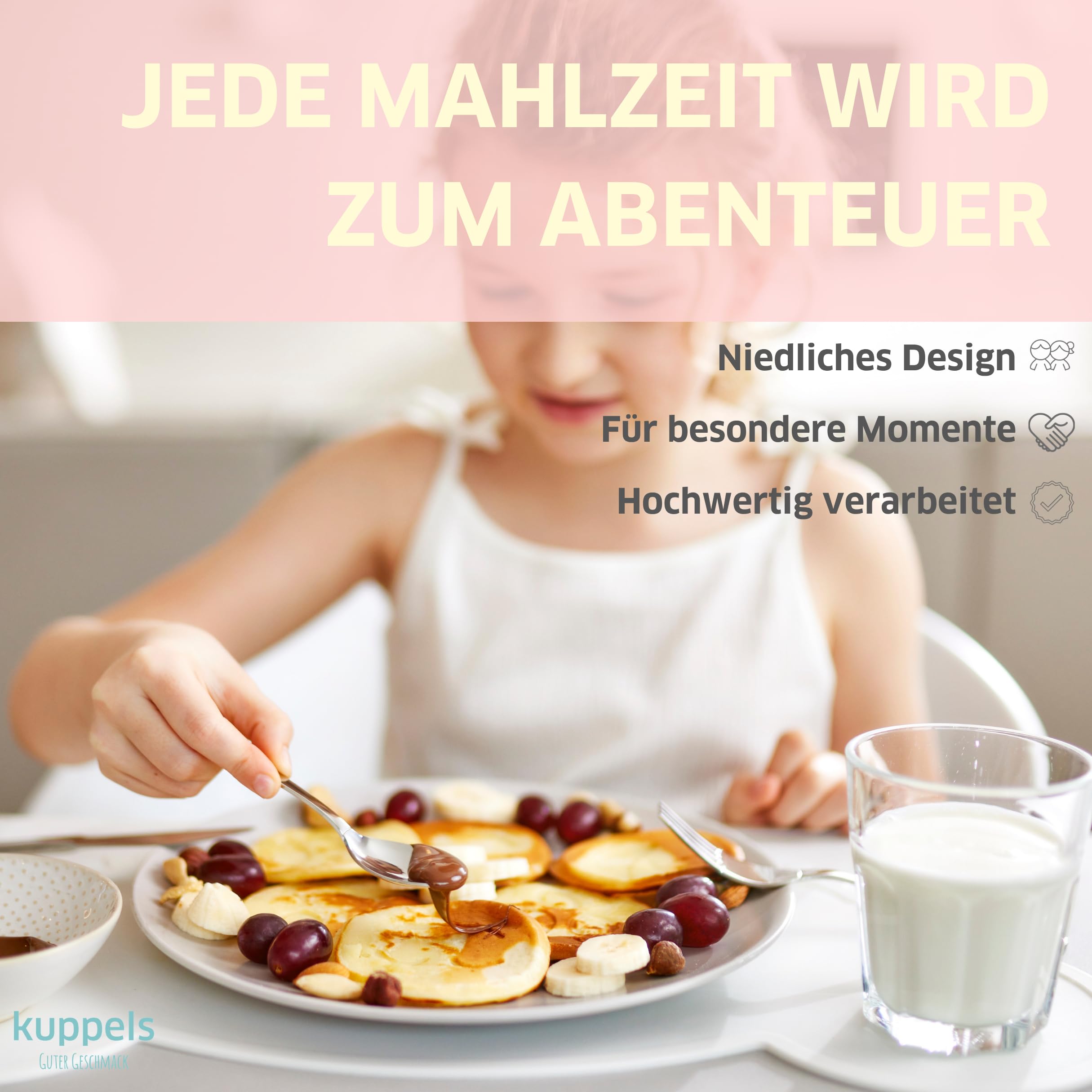 Kuppels Kinderbesteck 4-tlg, Bauernhoftier-Prägung, Edelstahl, ab 4 Jahre | Ergonomische Griffe, spülmaschinenfest, lebensmittelecht und rostfrei, inklusive hochwertiger Geschenkverpackung