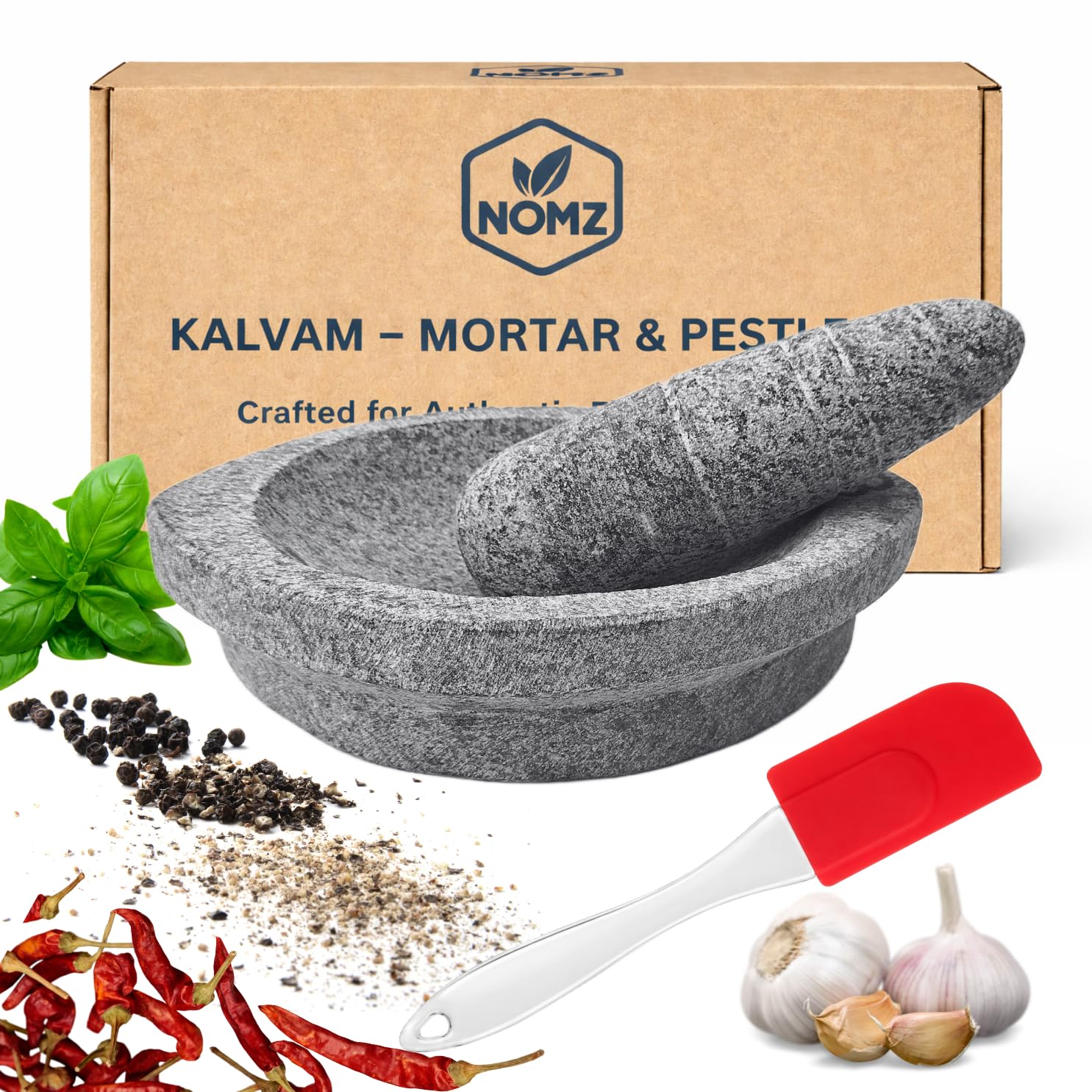 NOMZ Stone Mortar and Pestle Set (Kalvam) 7 Inch Boat Shape, 2.5 Kg, 3/4 Cup | Handmade Silbatta for Chutney and Masala | Heavy Duty Khalbatta with Anti-Skid Base discount deal