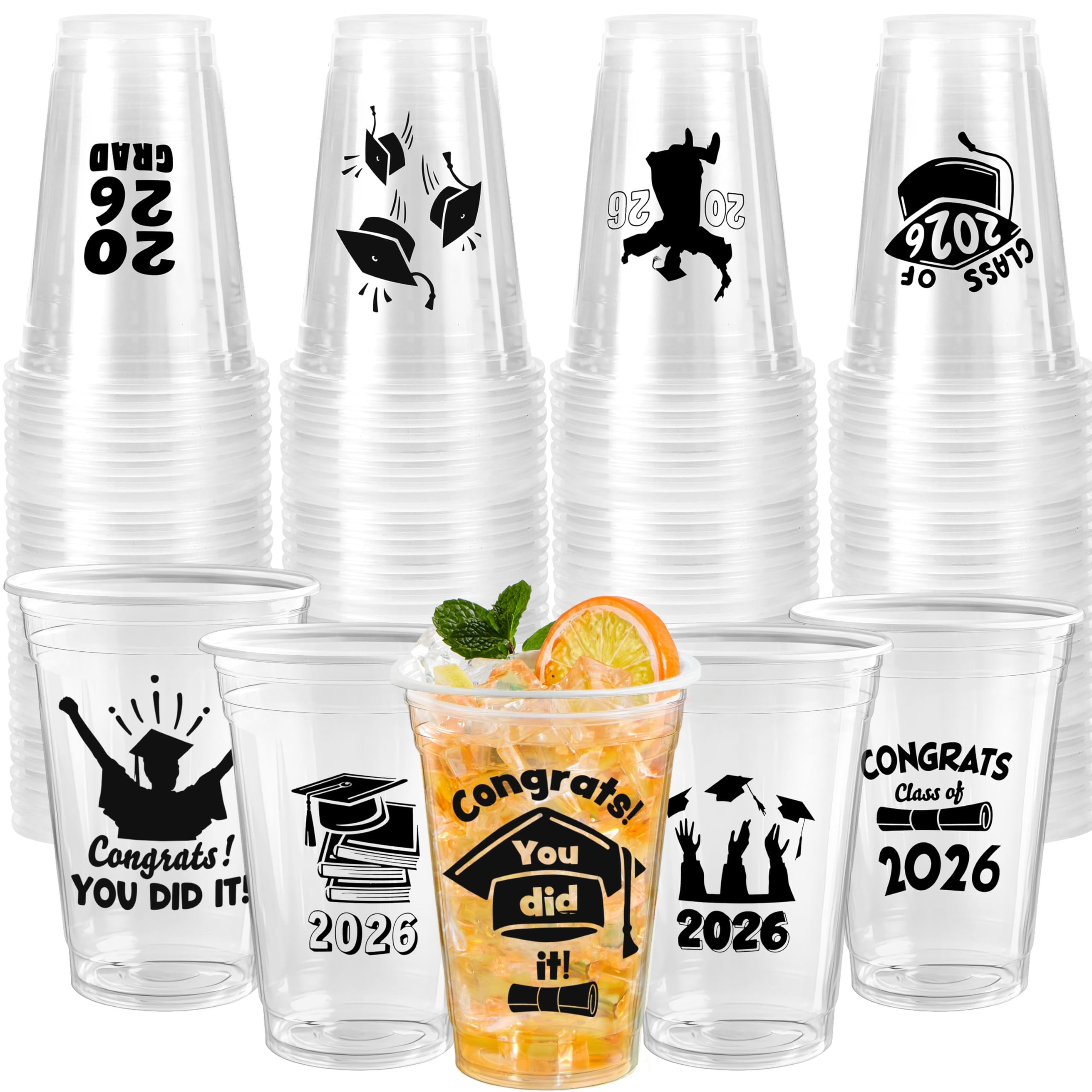 JOYIN 24 Pcs 16OZ Graduation Party Plastic Cups (Black), Graduation Decorations Class of 2026, 24 Designs Disposable Tableware Set for School Grad