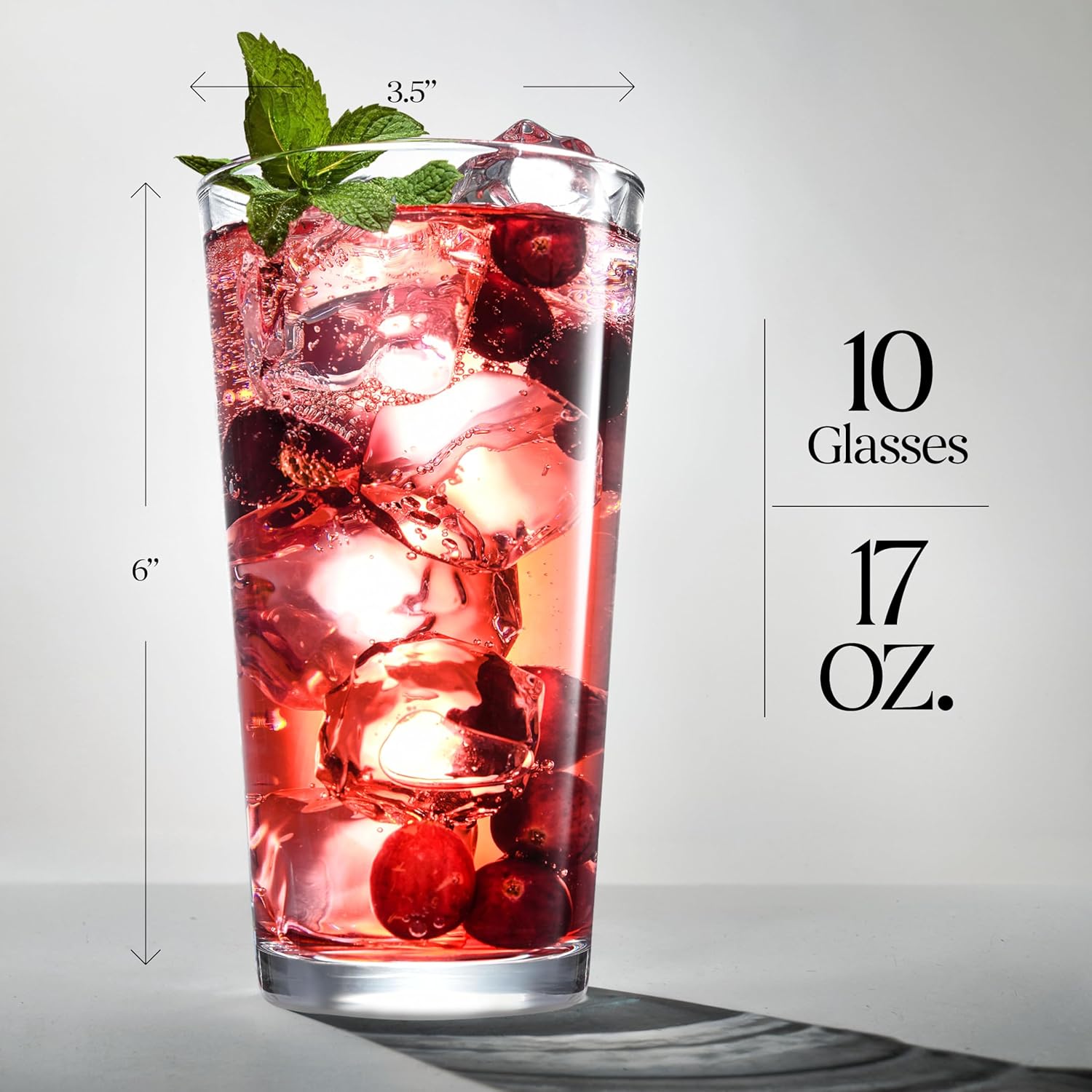 Drinking Glasses Set 17 OZ. Highball Glass Cups, Juice, Cocktails, Wine, Iced Tea, Bar Glass. Dishwasher Safe. (Set of 10) Beer Glasses