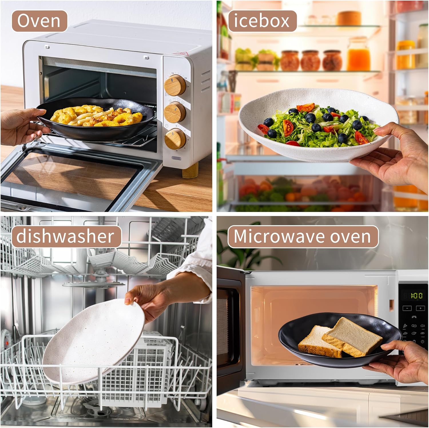 Ceramic Bowls Set of 2, Handcrafted Ceramic Plates Set | 10" Oval Serving Dishes Bowls | Large Serving Bowl Wide Shallow Bowl for Pasta, Salad, Cereal, Soup & Microwave & Dishwasher Safe, Matte Black - Image 4