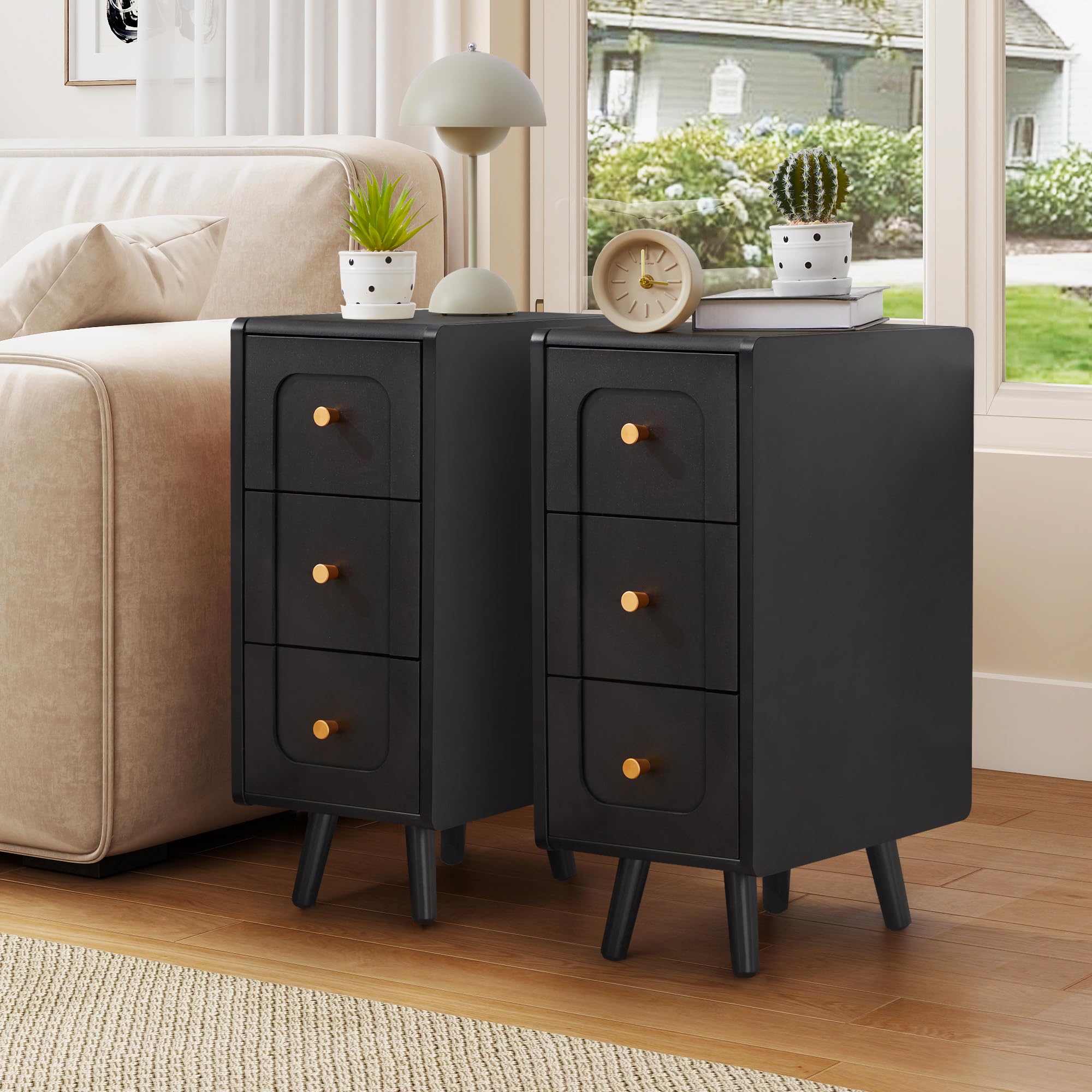 Narrow Nightstand with 2 Drawers, Small Bedside Tables, Mid-Century Modern Slim Night Stand with Storage, Wooden End Table for Small Spaces, Bedroom, Living Room (Natural-1PCS) — view 16