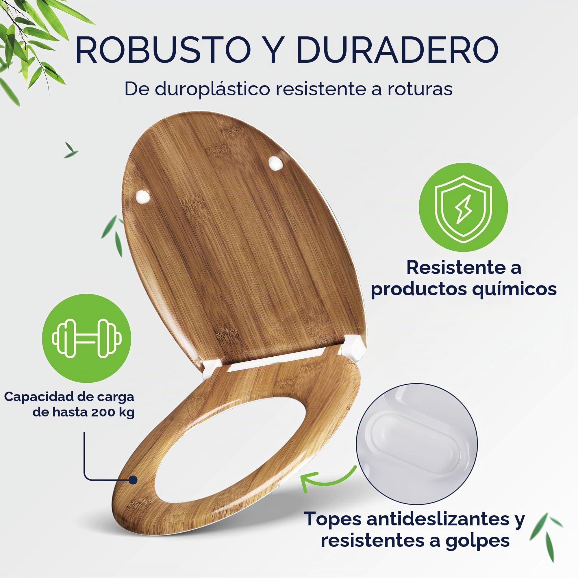 Casaria Asiento de Inodoro Bambú 45x37x4cm Duroplast 200kg Antibacteriano Tapa de Baño Toilette WC