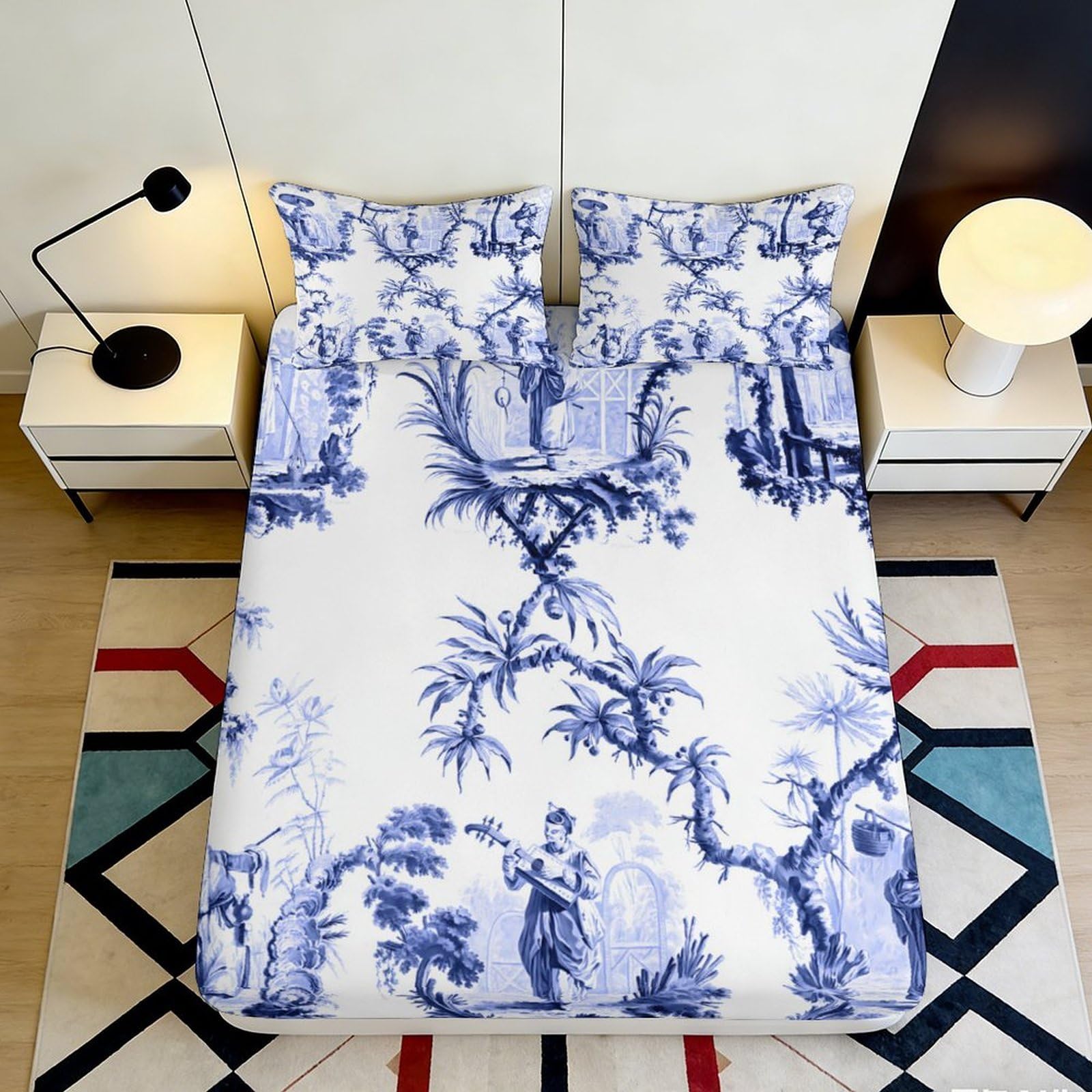 Ctjqhvmx Style-2 3D Printed Oriental Blue Scenery Fitted Sheet Microfiber Deep Pocket Non-Slip Bedding Oriental Mattress Fitted Cover Full Wrap 90X200x25cm 90X200x25cm