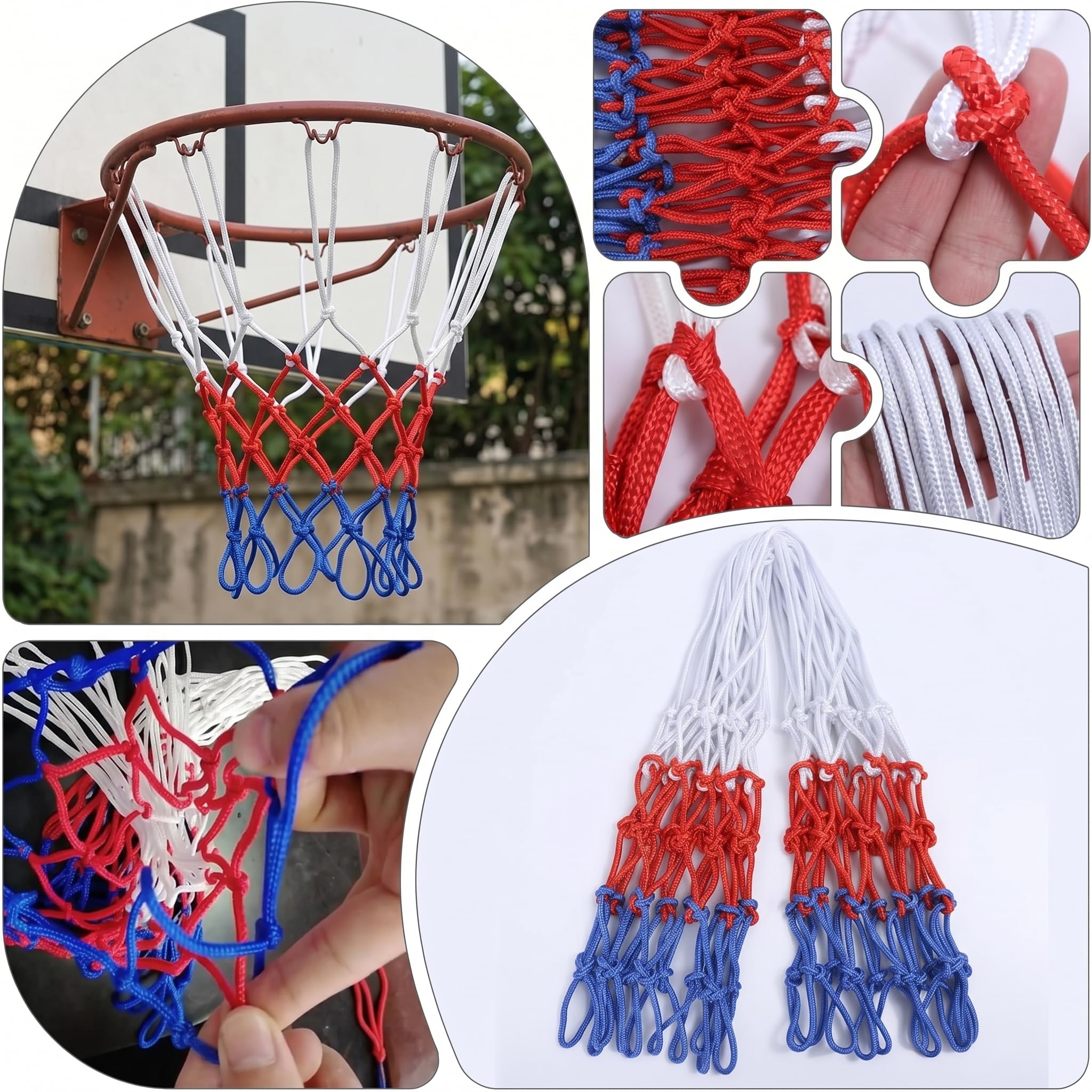 2 Stück Basketballnetz,Basketball Netz für Basketballkorb Ersatz,12 Schlaufen 3 Farbig Nylon Basketballnetz zum Standard Größe Die Innen und Outdoor Basketball Korb Zubehör