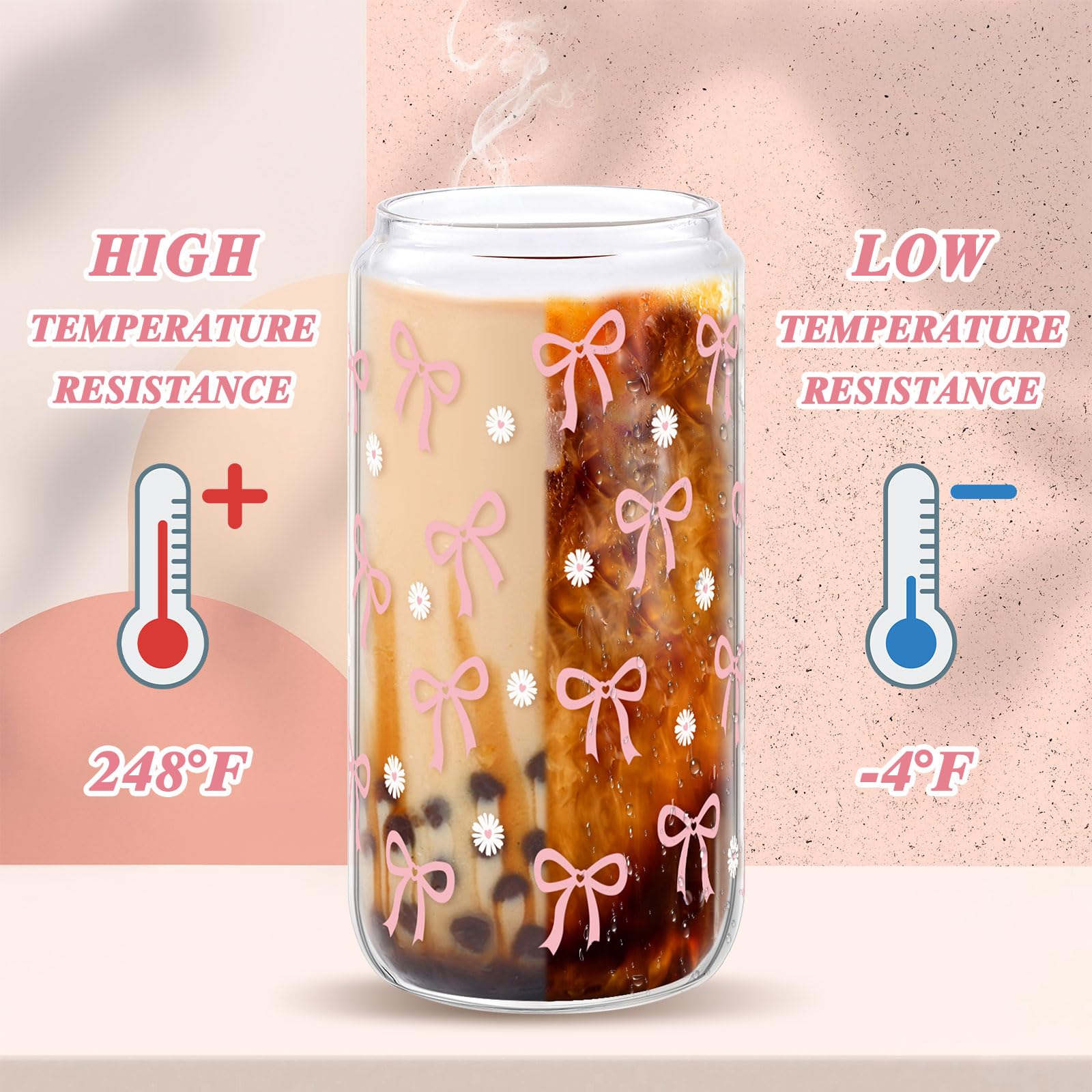 2 bicchieri da caffè ghiacciati estetici da 473,6 ml, bicchieri in vetro con coperchio, pennello e cannucce, bicchieri riutilizzabili per adolescenti, ragazze, donne, bambini, regali alla moda