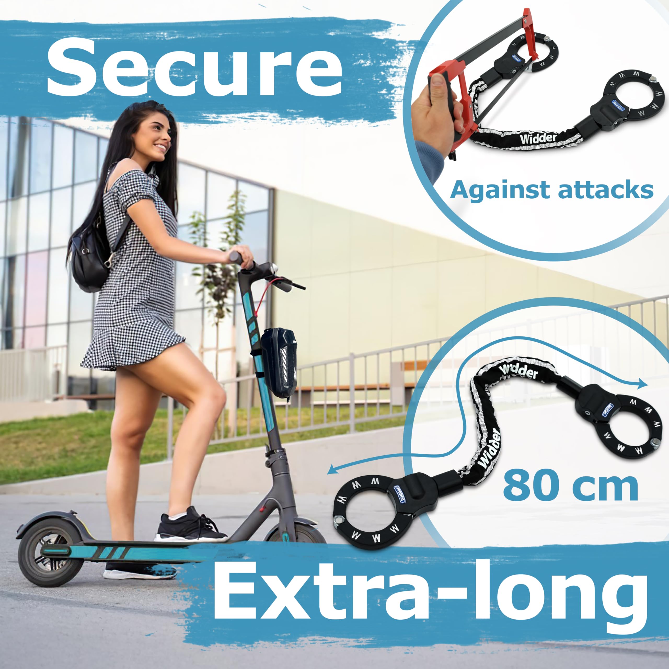 WIDDER Bezpieczna blokada kajdankowa [80 cm, 4 klucze, stal pełna 8 mm] Zamek do e‑hulajnogi z torbą – blokada kajdankowa do e‑hulajnogi & roweru