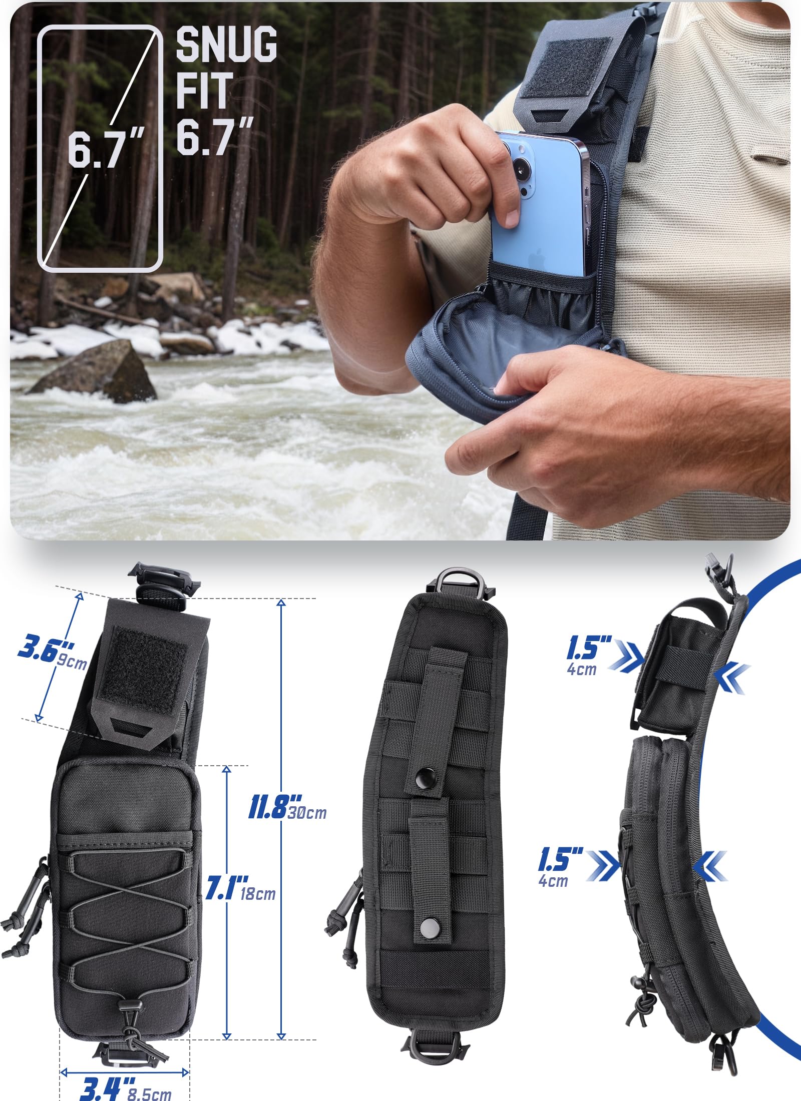 WYNEX Molle Accessori Custodia, Zaino con Tracolla, Tasca Tattica per Telefono Cellulare per Escursionismo, Campeggio e Viaggi, Nero - 1 Pezzo (sinistra)
