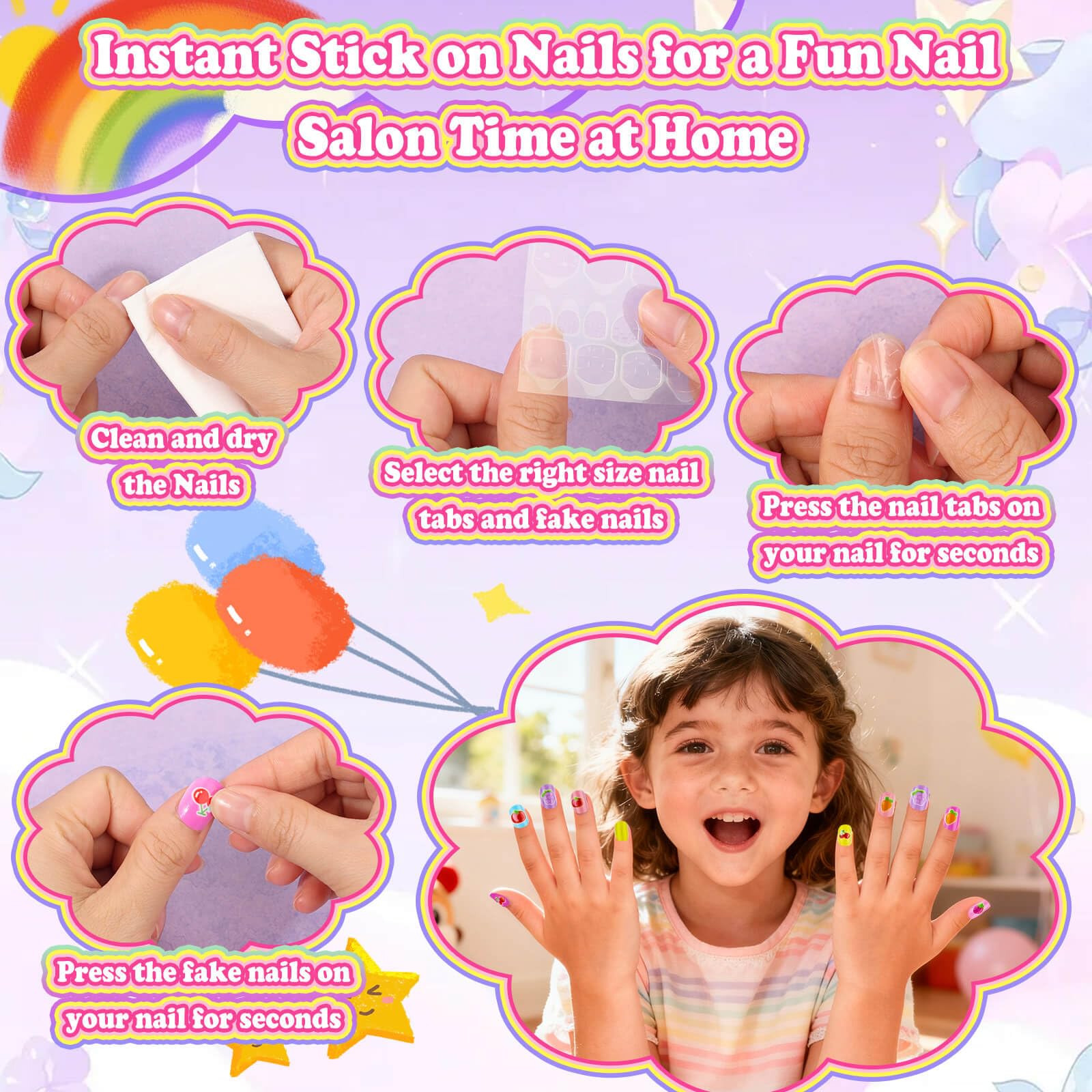 Pink Kids Press-On Nails and Nail Art Kit with Glue, Remover and Case