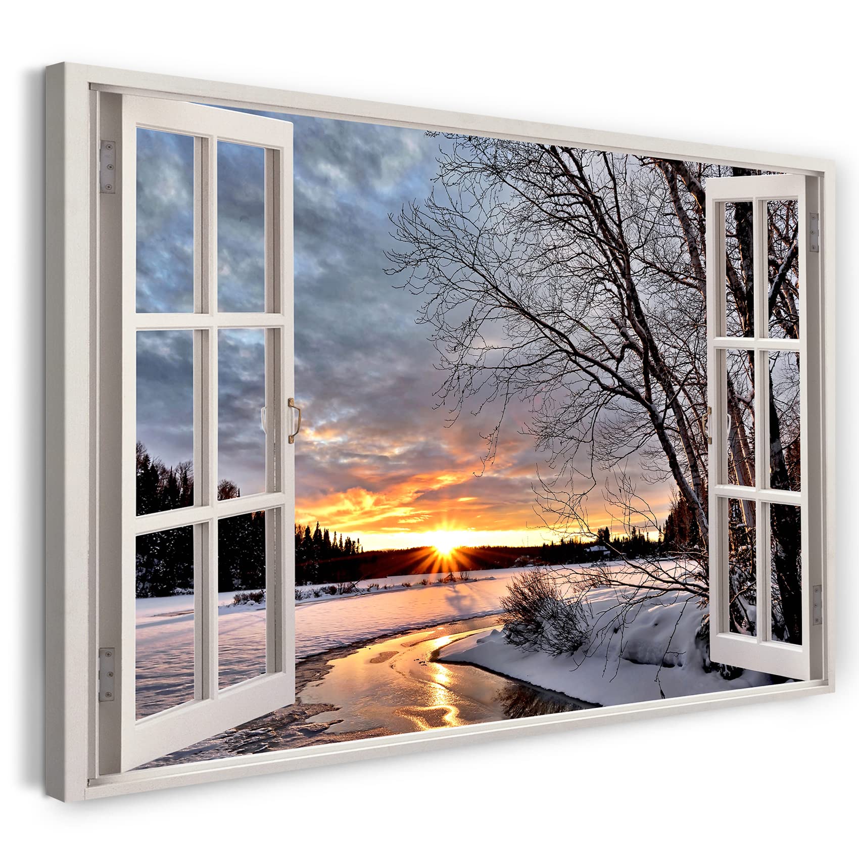 Print on Canvas (100x70 cm) view from the window - river landscape winter sunset nature - nature photography, real wood frame with hook