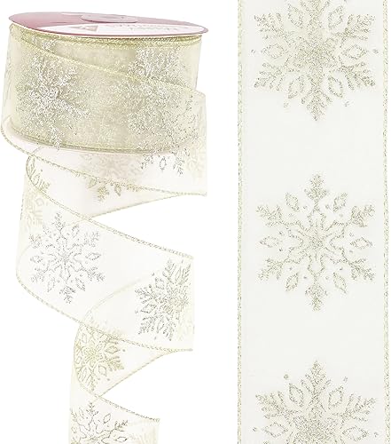 Miniatura 9 de AIMUDI Cinta de copo de nieve plateada con purpurina para árbol de Navidad, 2.5 pulgadas, cinta de organza transparente con alambre para árbol de