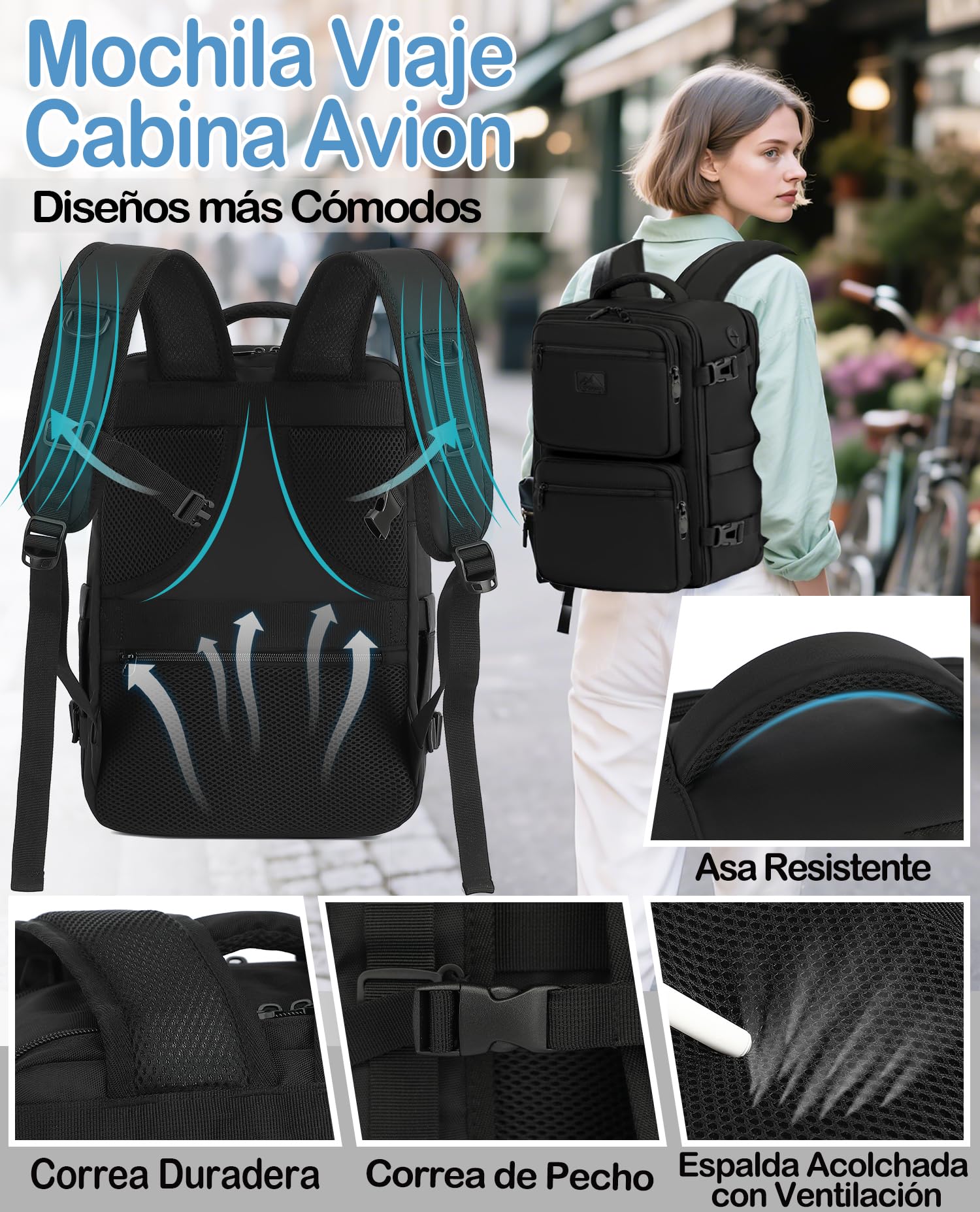 Mochila Viaje Cabina Avion 40x20x25 pour Ryanair Mochila Cabina de Viaje Equipaje Antirrobo 20L Mano Bolso Hombre Mujer para Computadora Portatil de14 Pulgadas Negro