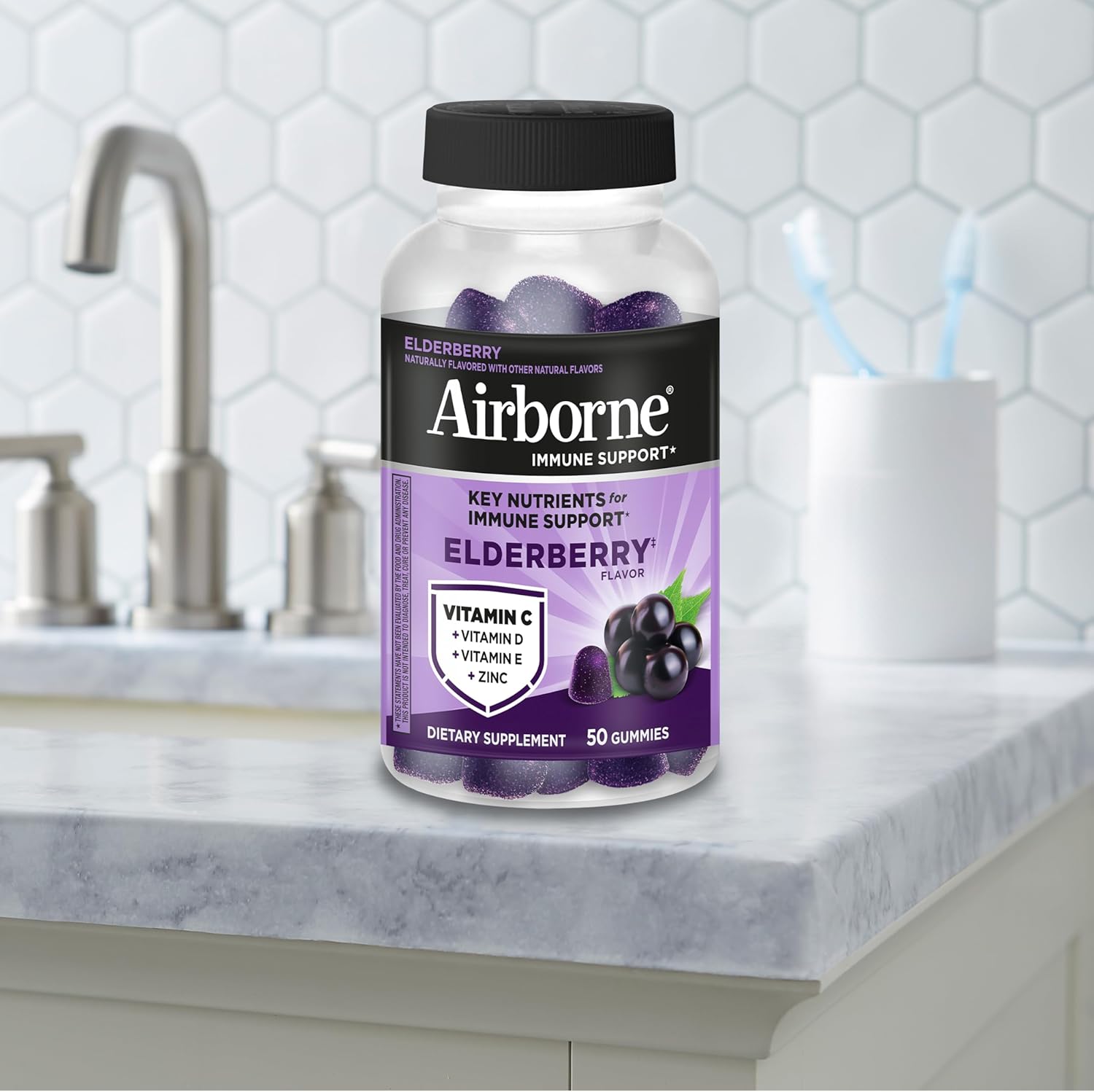 Airborne Elderberry + Zinc & Vitamin C Gummies For Adults, Immune Support Vitamin D & Zinc Gummies With Powerful Antioxidant Vitamins C D & E - 50 Gummies, Elderberry Flavor - Image 9