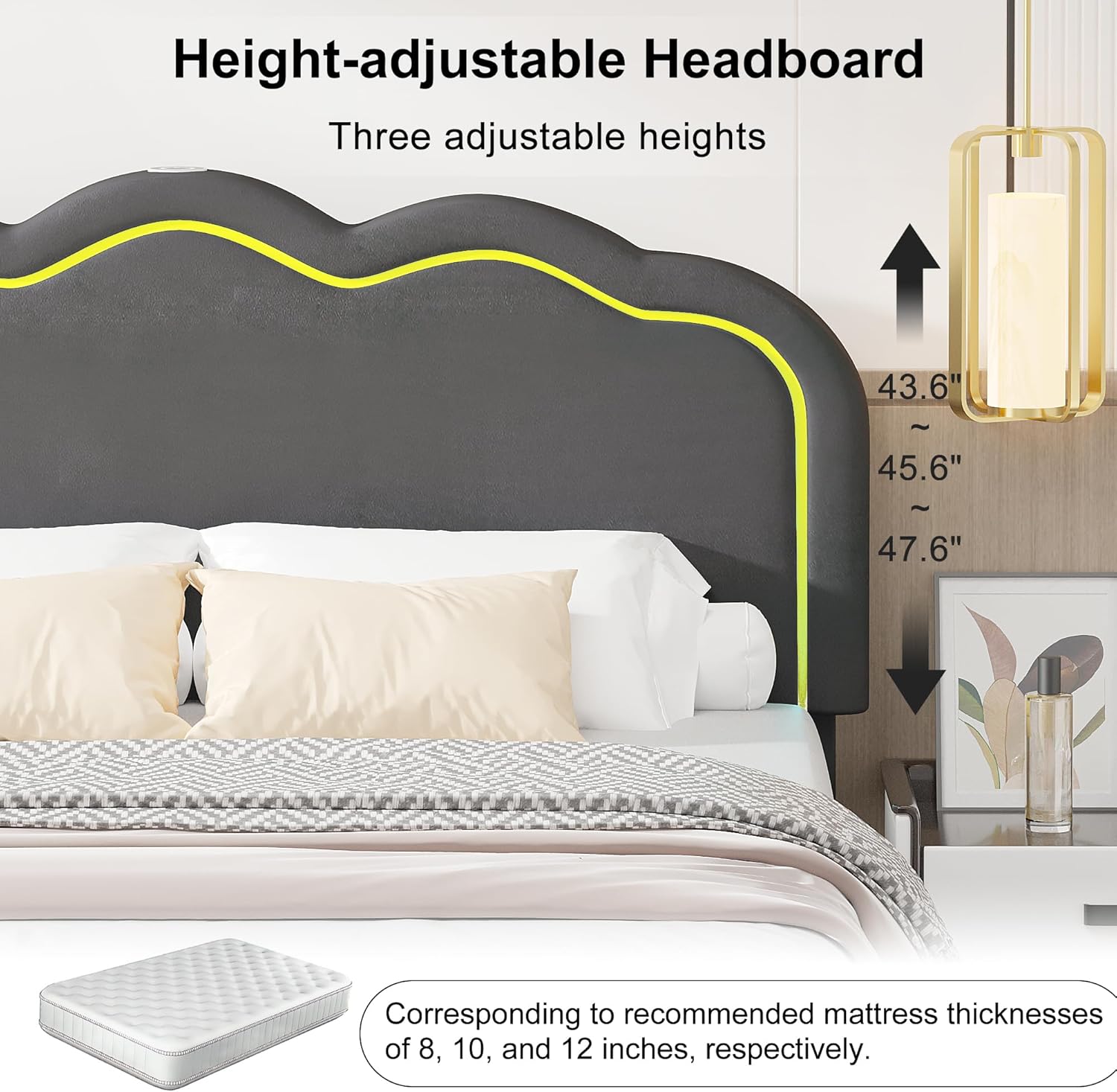 VECELO Upholstered Queen Size Bed Frame with Headboard Adjustable, LED Lights, USB-A & Type-C, Velvet Platform Bed Noise Free, Mattress Foundation with Wooden Slats, No Box Spring Needed, Grey