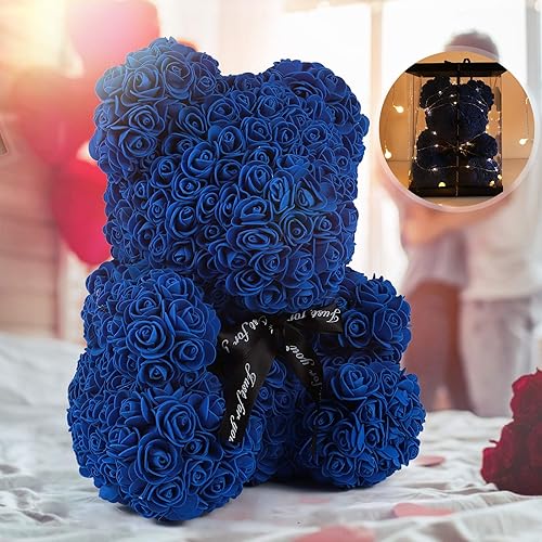 RECUTMS Oso de peluche de rosas, osos de flores de 10 pulgadas con luces, espuma artificial, regalos florales para el día de San Valentín, día de la