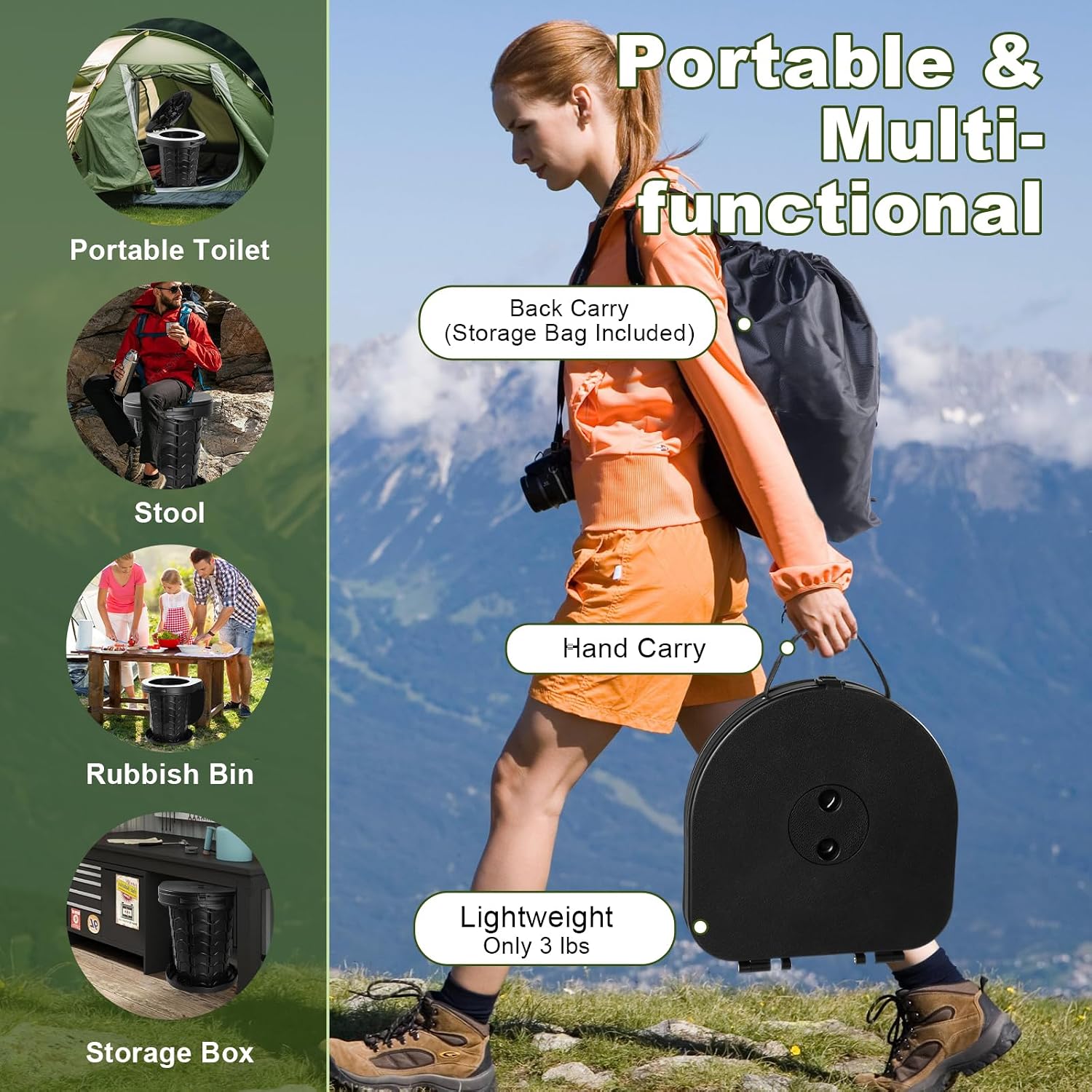 Collapsible Portable Toilet with Odor-Lock Lid - 1-Minute Setup Adjustable Height (2.95in-13.58in) 400lbs Capacity, Backpack-Friendly 3-in-1 Camp Potty for Camping, Hiking, Car, RV & Emergency Use