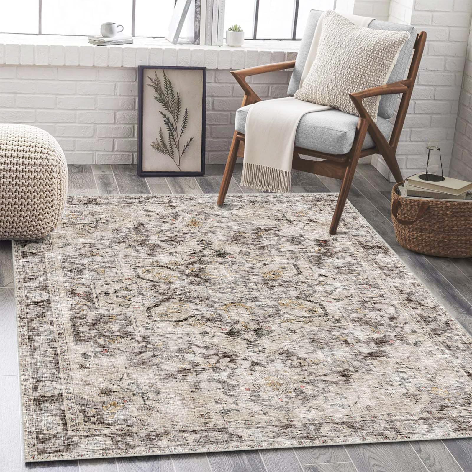 LOOMY 4x6 Rug for Dining Room Office-Vintage Floral Print Low Pile Carpet-Non Slip Ultra Soft Pet&Child Friendly-Neutral Modern Traditional Distressed Aesthetic Beige and Brown