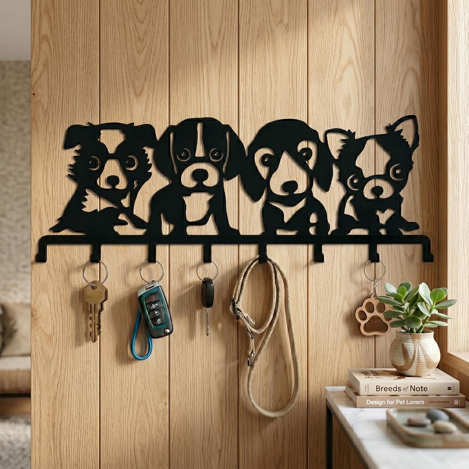 DEKADRON Metal Dog Themed Wall Mounted Coat Rack with 6-8-10 Folding Hooks, Wall Mount Hanger for Bathroom Entryway Living Room Bedroom, Metal Coat Hooks, 6 Hooks (24"x9")