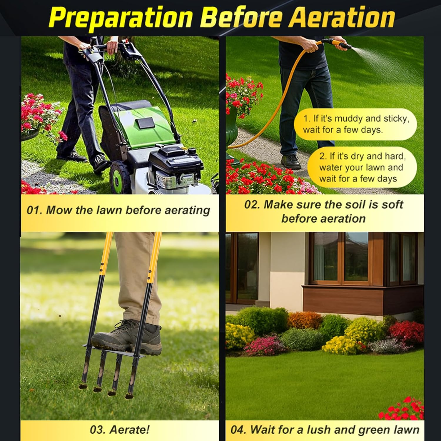 Knee-Friendly Manual Lawn Aerator Tool, 42.6-45 Inch Adjustable Height Core Aerator for Grass, Pre-Assembled Yard Aeration Tool with 4 Hollow Tines for Lawn Care and Compacted Soil