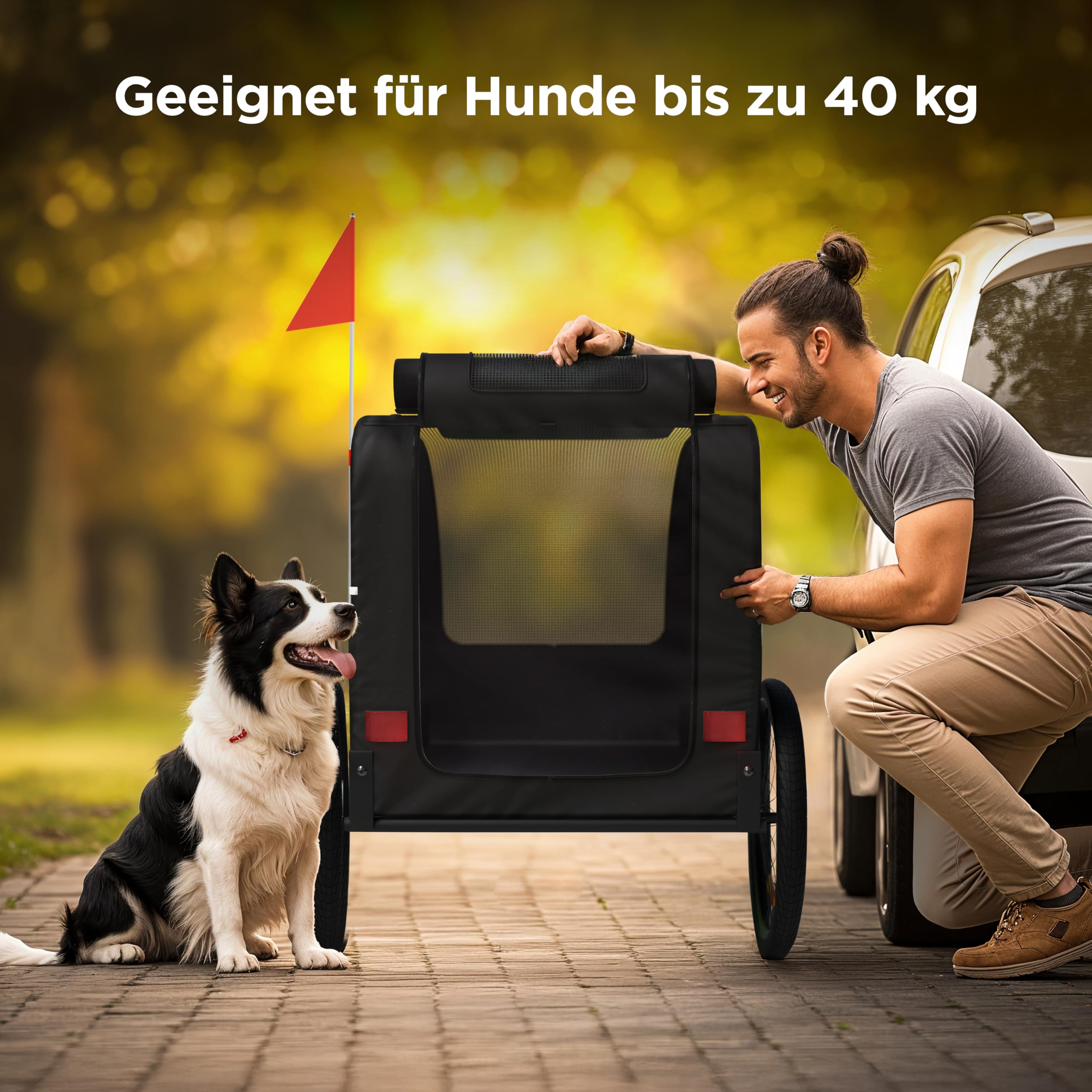 Hundeanhänger für Fahrrad – Faltbarer Hundefahrradanhänger mit Kupplung & Reflektoren – Fahrradanhänger Hunde bis 40kg – Wasserdicht – Kompatibel mit E-Bikes – Schwarz