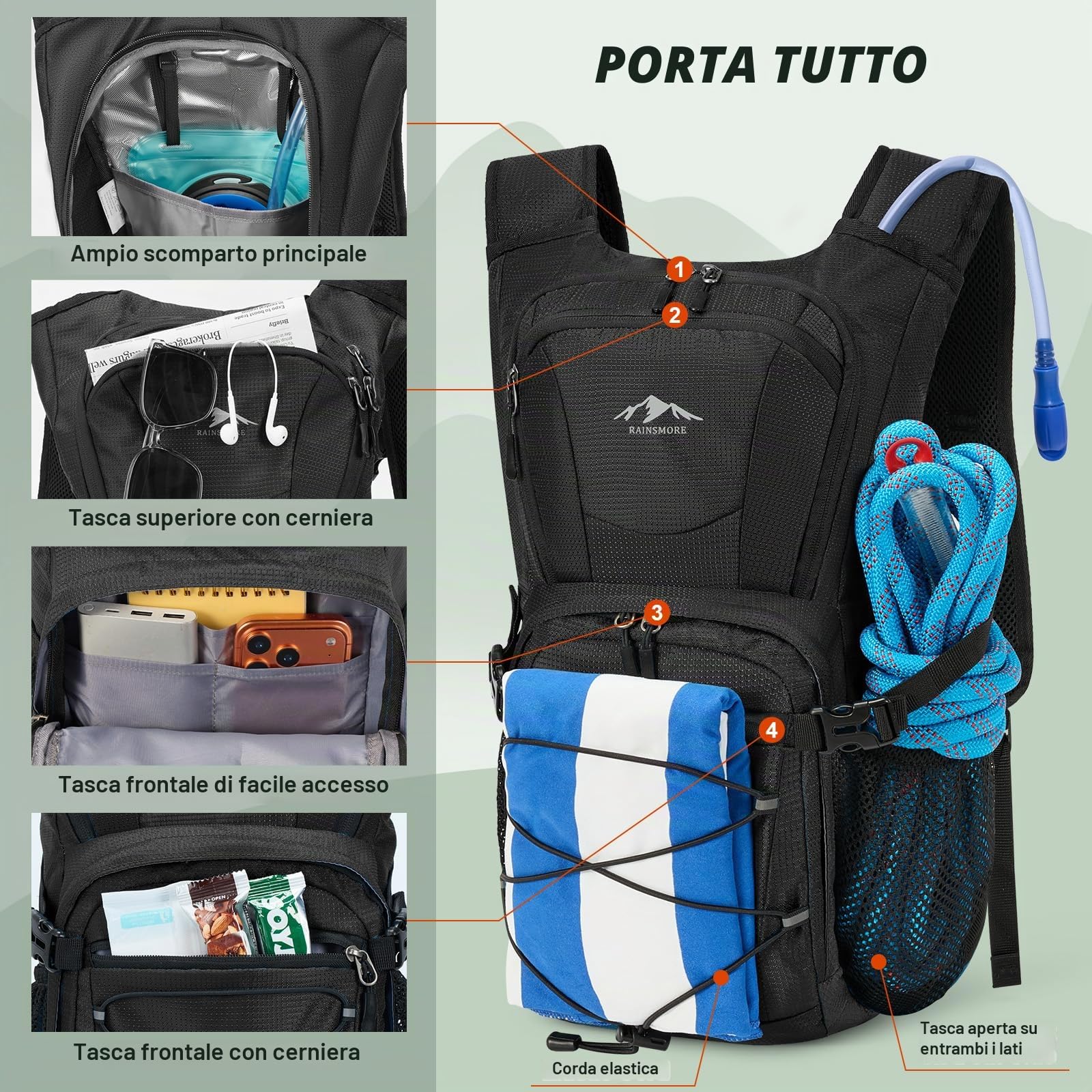 RAINSMORE Zaino per bere con bolla d'acqua, 2 l, leggero, isolato, con parapioggia, per uomo e donna
