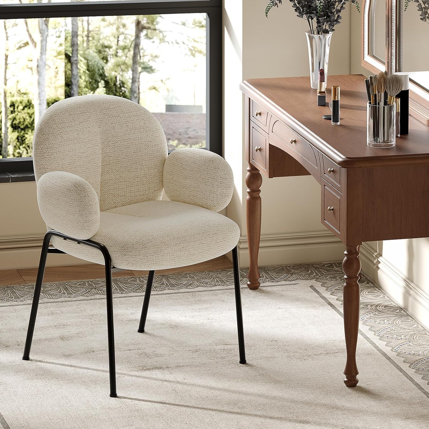 Lot de 6 chaises de Salle à Manger Beige avec accoudoirs - Chaises rembourrées Modernes avec Dossier,Pieds réglables en Hauteur,chaises de Cuisine en Lin pour Salon,Salle à Manger