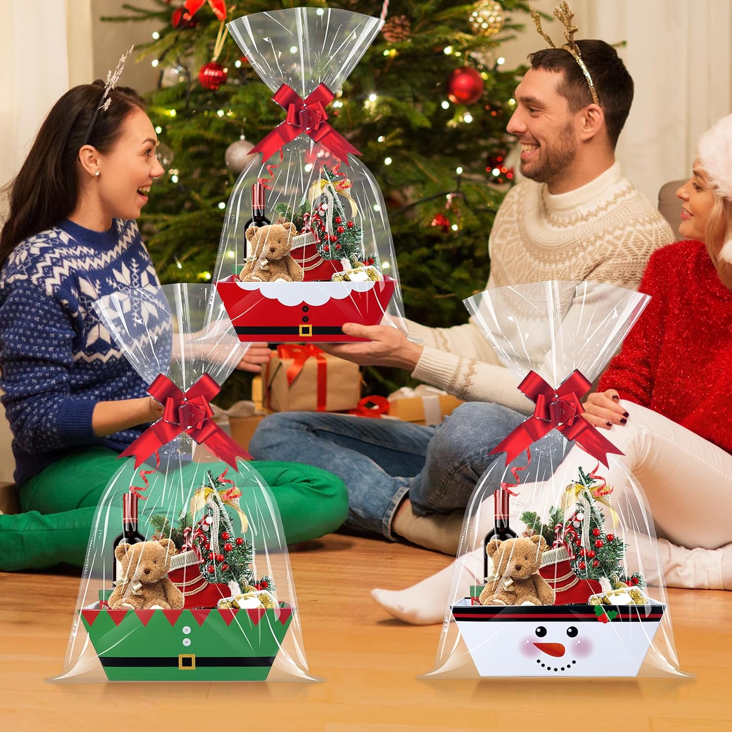 76Pcs 24 Set Christmas Gifts Baskets Bulk with Cellophane Basket Bags and Bows Ribbons,Red Green White Black Empty Christmas Cardboard Gift Box for Xmas Holiday Wedding Birthday Party Decorations