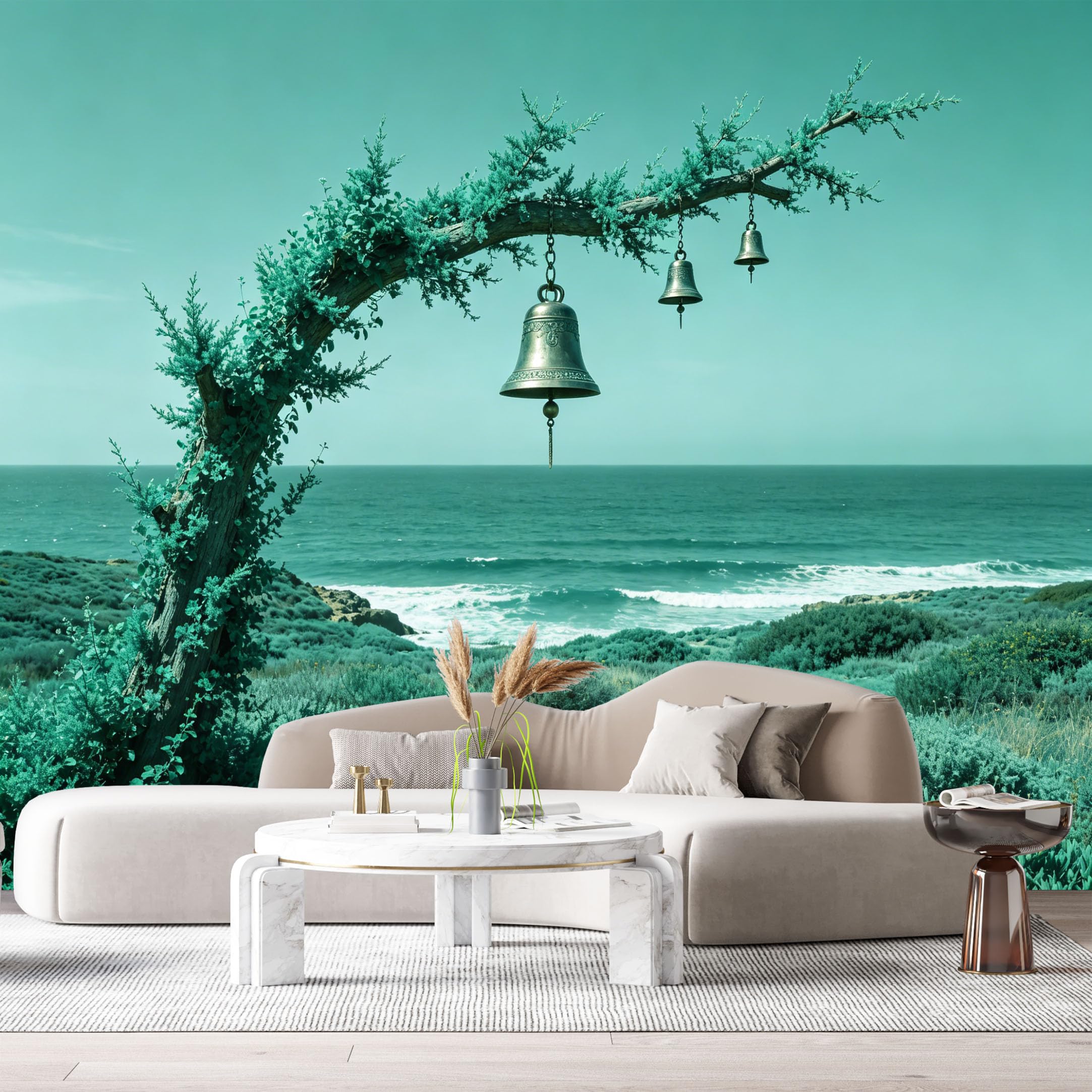 Custom Size Wall Murals Coastal Ocean Marine Aesthetic Modern Surreal Tree Bells SelfAdhesive Wall Fabric Removable Large Wallpaper for Photo Living Room Interior Decor