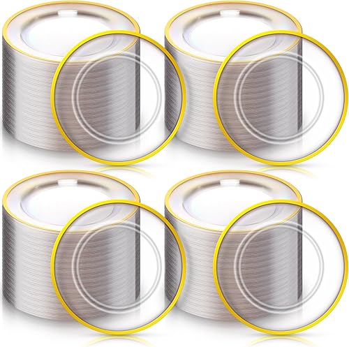 meekoo 100 platos de plástico transparente de 10.25 pulgadas, platos llanos dorados resistentes transparentes y desechables dorados para bodas y