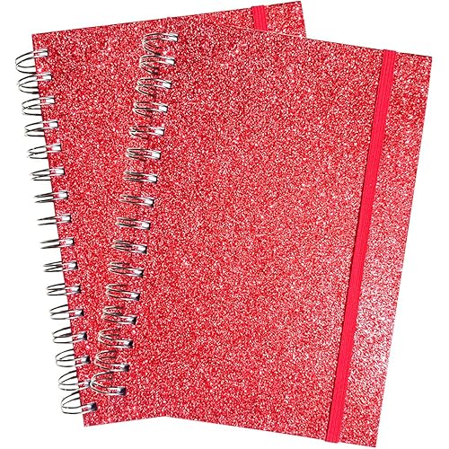 Twinkle Spiral Notebook, Hardcover Sparkly Wirebound Notebook, 2Pack Lined Notebooks for Women, Red, 90 Sheets, 8.2” x 6”