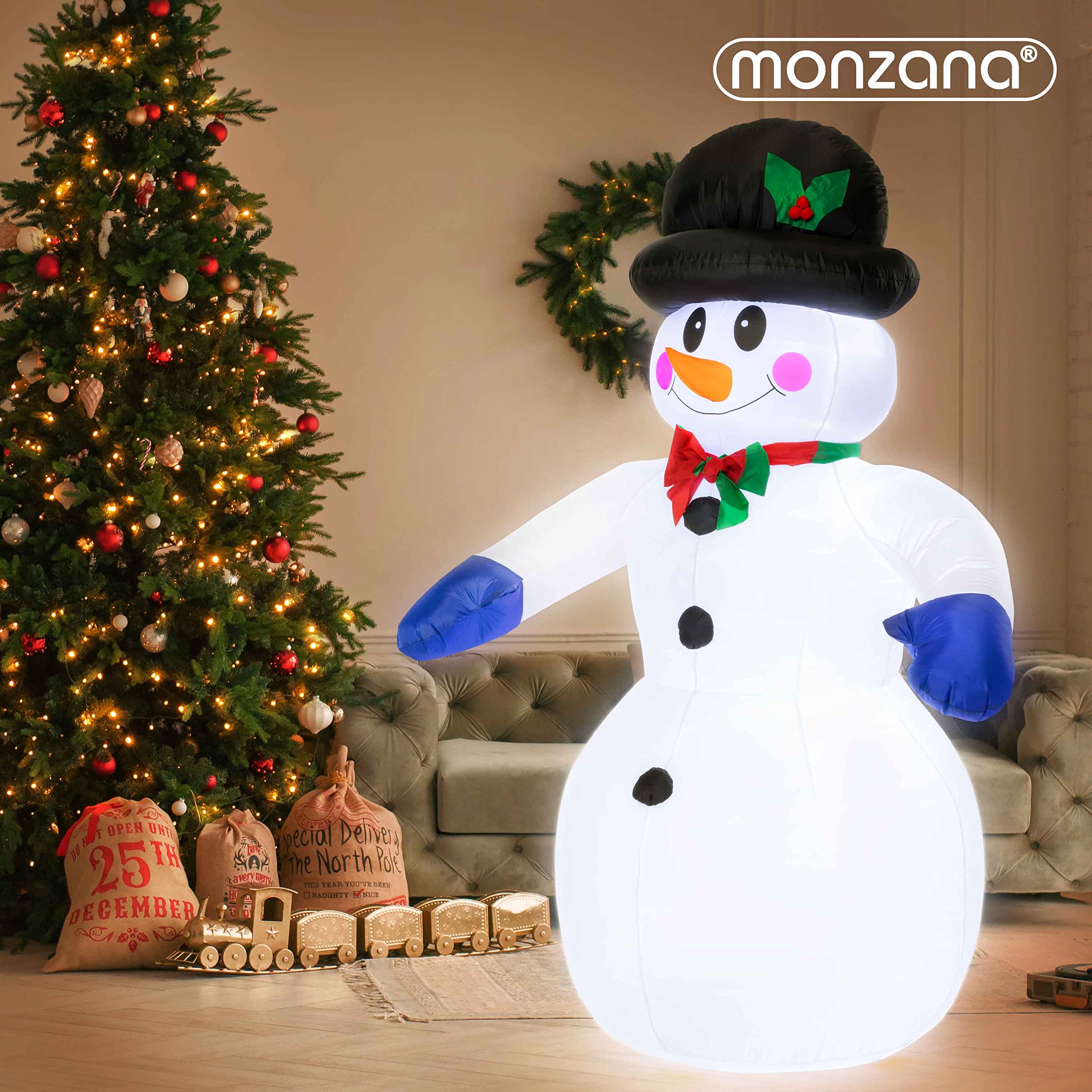 MONZANA® Aufblasbarer Schneemann XXL 240cm LED Beleuchtet Befestigungsmaterial IP44 Außen Witterungsbeständig Weihnachtsdeko Weihnachtsfigur Christmas