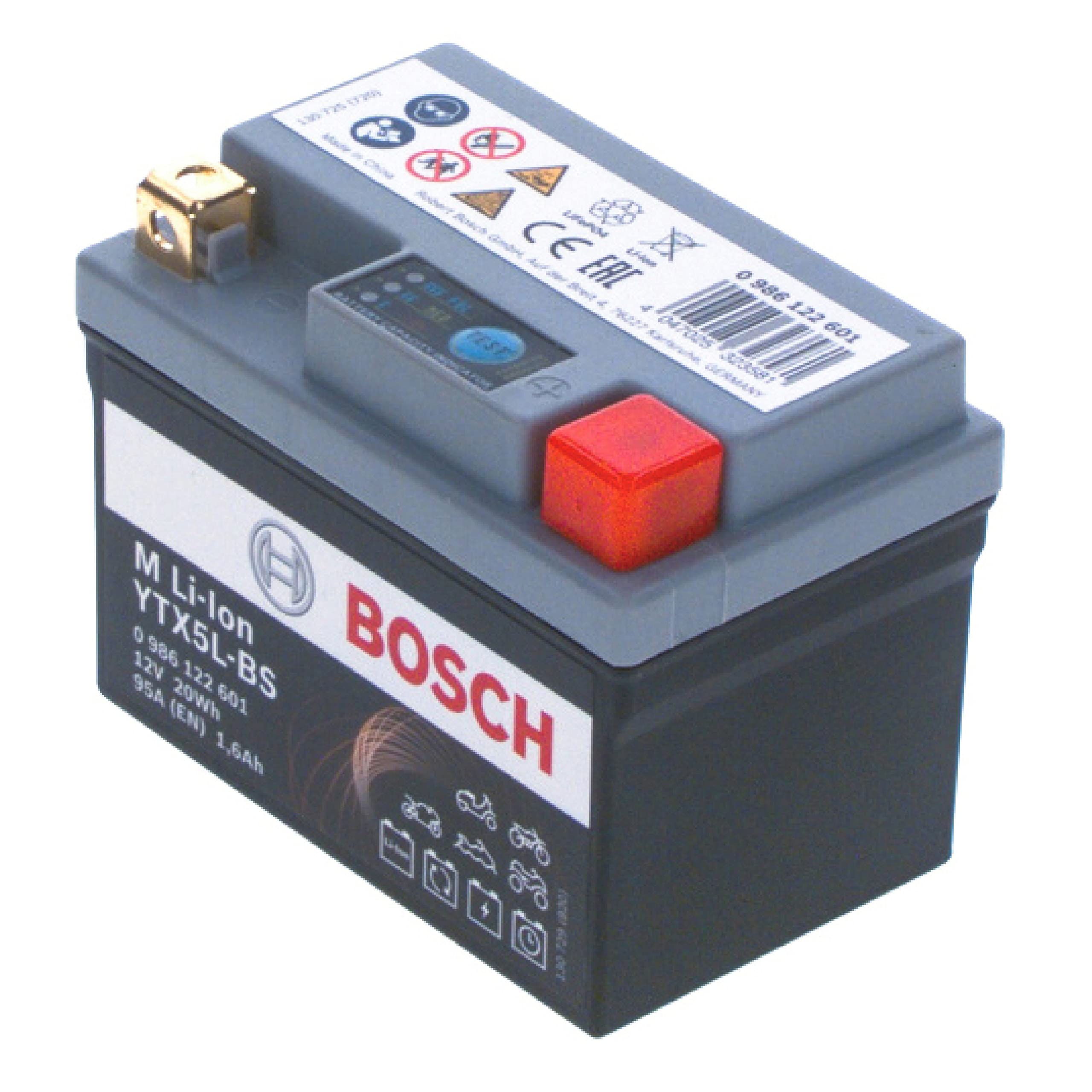 Bosch 0986122601 - Batteria per motocicli - 12V 95A 1,6Ah ioni di litio a 5Ah Plomo-Ácido - Adecuada para motocicletas, motos, enduros, scooters, quads, motos de agua - BTX4L-BS, BTX5L-BS