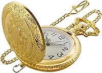 Large Decorative Flower Pattern White Roman Numeral Scale Quartz Pocket Watches for Men with Chain