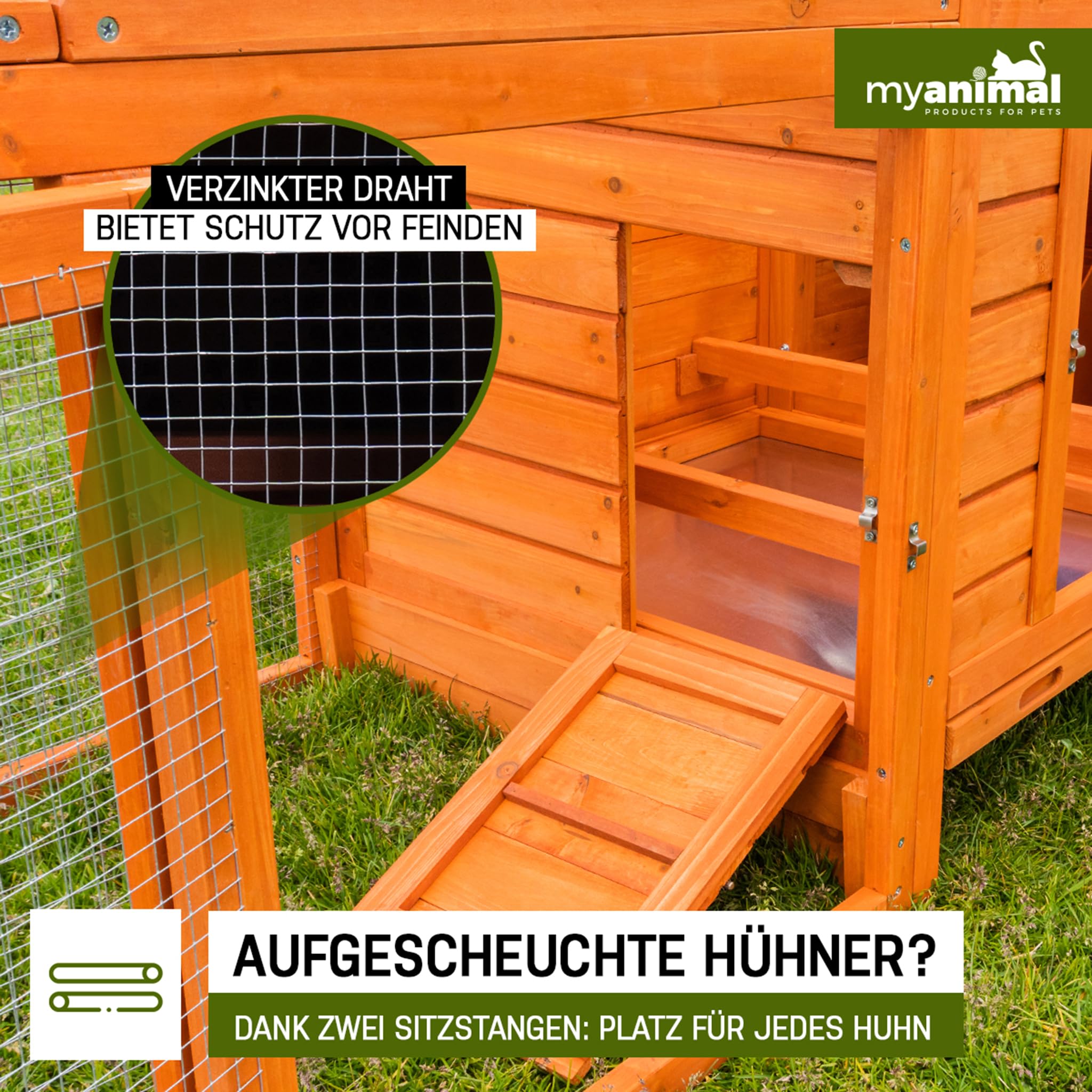 Miweba MyAnimal Hühnerstall für 3 Hühner | 206x73x123 cm Winterfest - Vogelhaus - Hühnergehege mit Nistkasten - Voliere - Hühnerhaus - Freilaufgehege Huhn - Legenest - Vogelvoliere - Gehege (Braun)