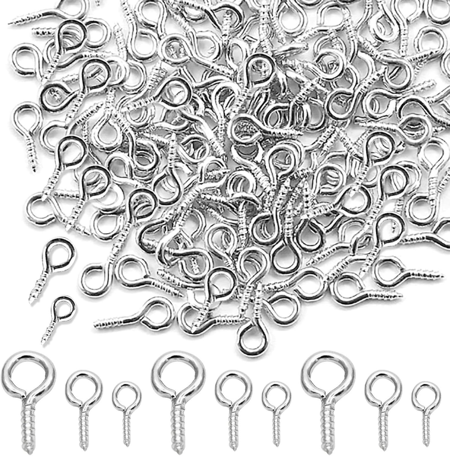 Feibety 300Pcs Screw Eye Pins Hooks Eyelets Screw Threaded,3 Sizes Silver Mini Metal Eye Bolts Eye Screw Hooks Silver Threaded Eye Pins for Jewelry Making Findings DIY Crafts Hanging Ornament