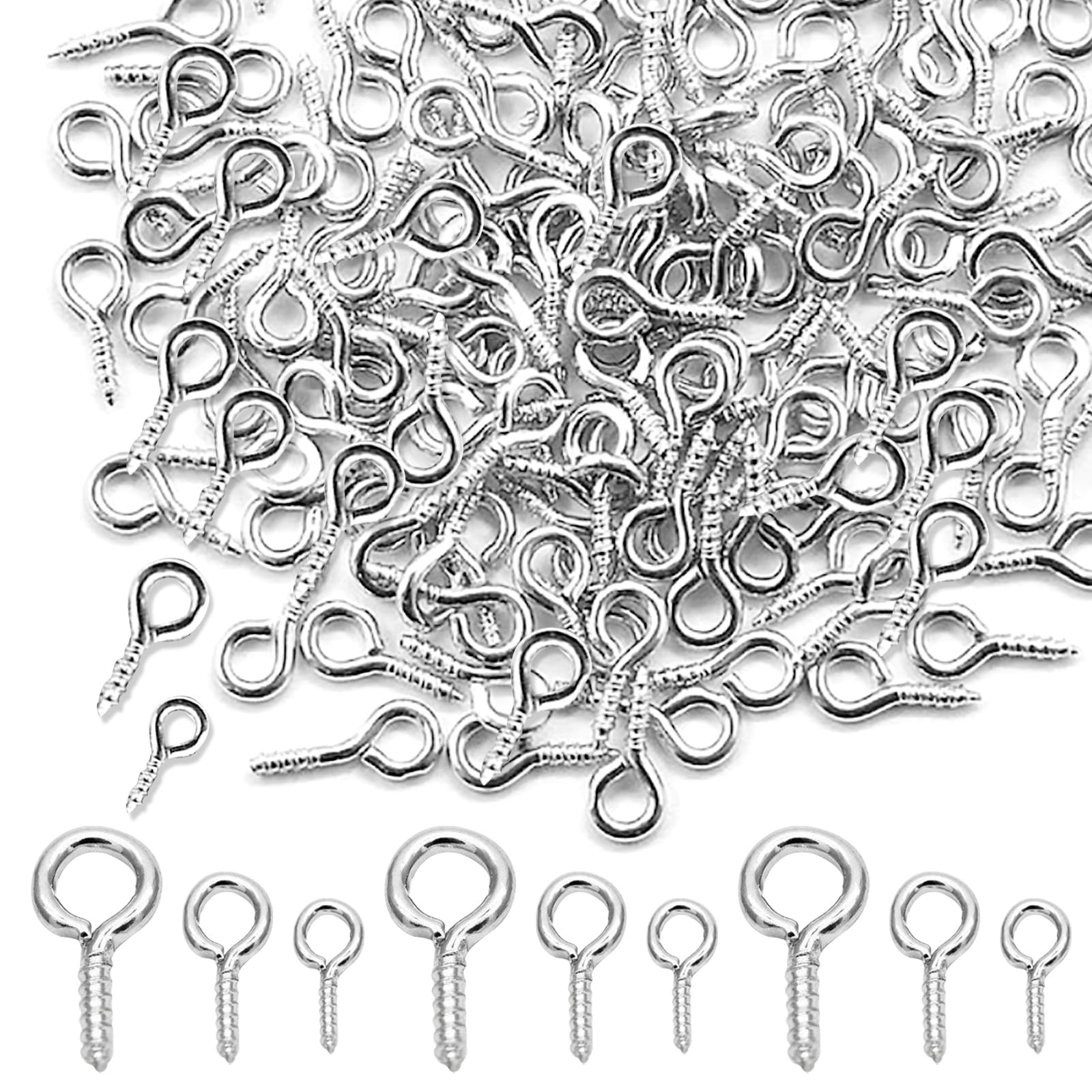 Feibety 300Pcs Screw Eye Pins Hooks Eyelets Screw Threaded,3 Sizes Silver Mini Metal Eye Bolts Eye Screw Hooks Silver Threaded Eye Pins for Jewelry Making Findings DIY Crafts Hanging Ornament